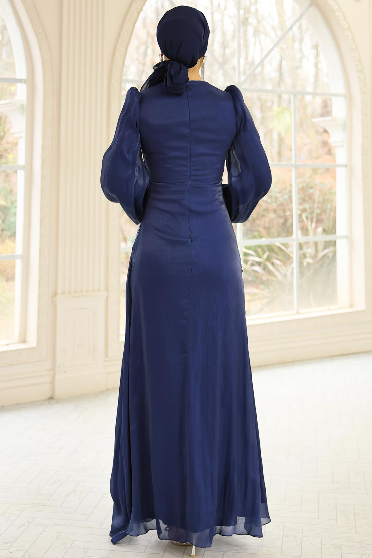 İnci ve Pilise Detaylı Yoryo İpek Tesettür Abiye Elbise K. İNDİGO 1249