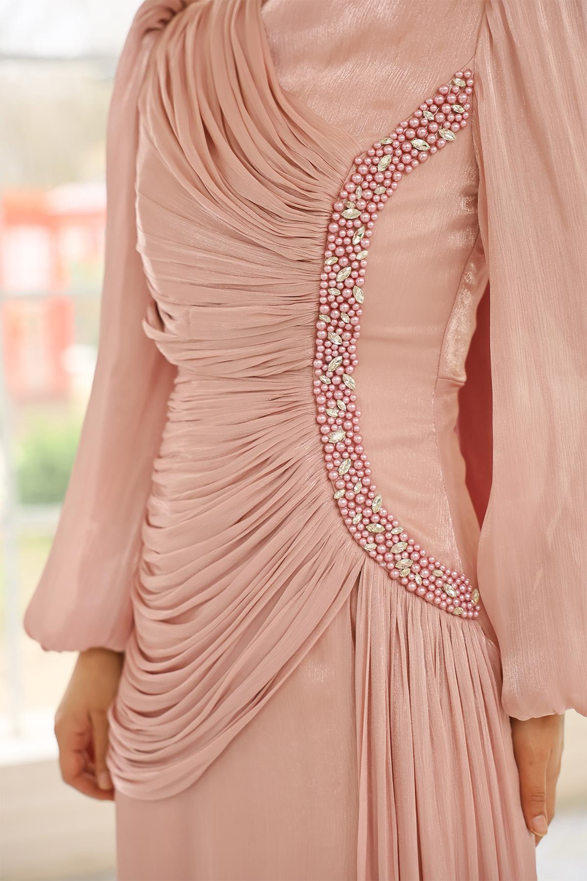 İnci ve Pilise Detaylı Yoryo İpek Tesettür Abiye Elbise PUDRA 1249