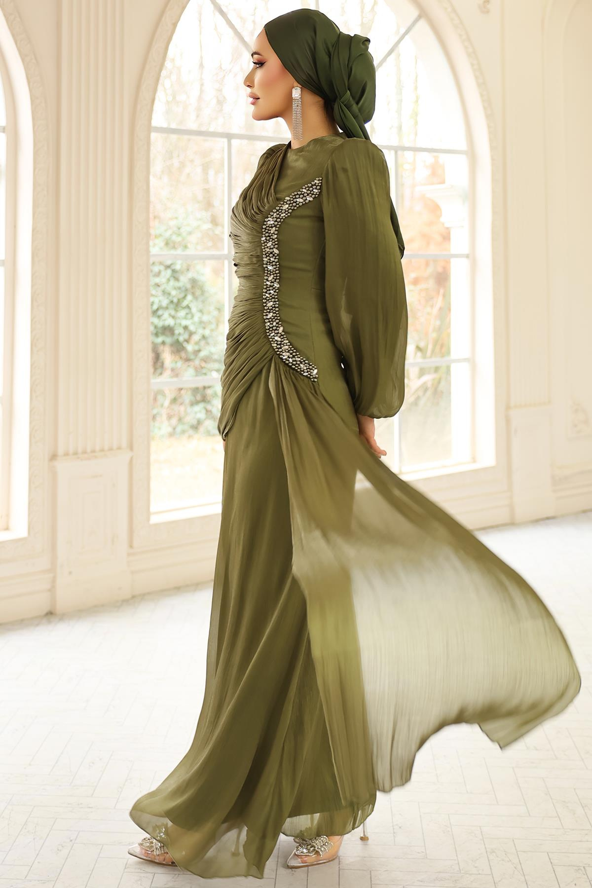 İnci ve Pilise Detaylı Yoryo İpek Tesettür Abiye Elbise YEŞİL 1249