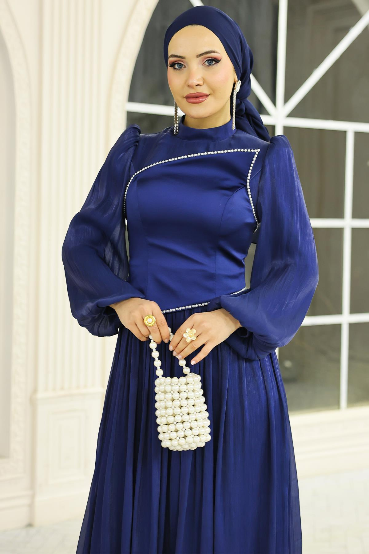 İnci ve Saten Detaylı Yoryo İpek Tesettür Abiye Elbise K. İNDİGO 1688