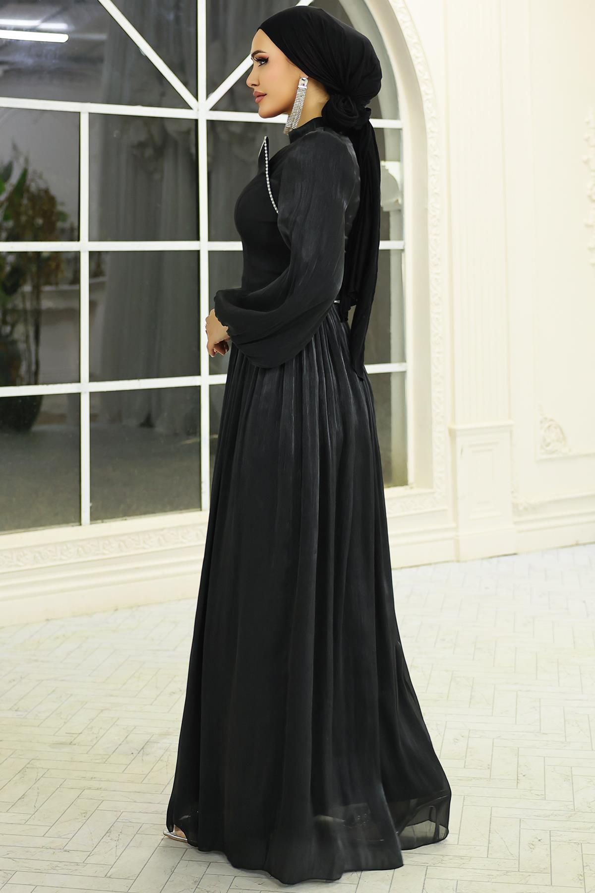İnci ve Saten Detaylı Yoryo İpek Tesettür Abiye Elbise SİYAH 1688