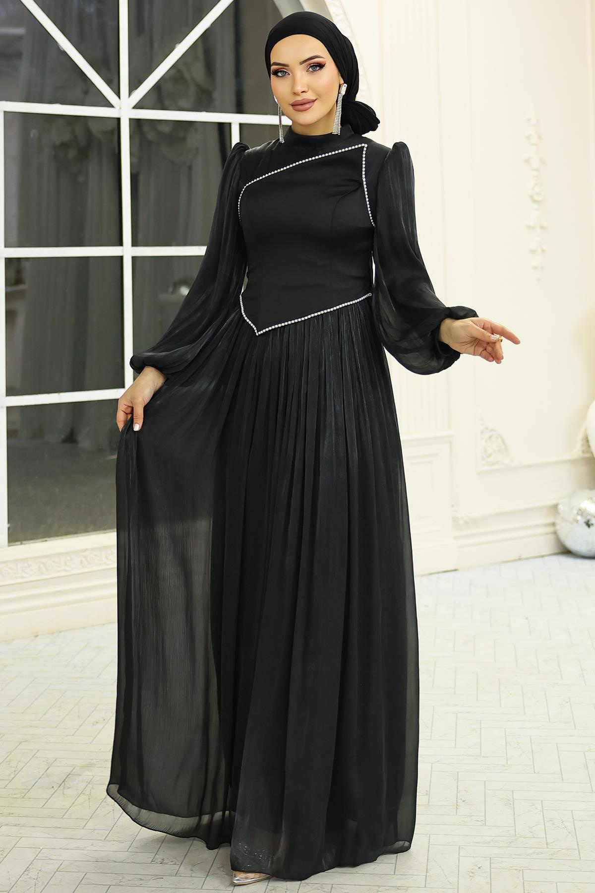 İnci ve Saten Detaylı Yoryo İpek Tesettür Abiye Elbise SİYAH 1688