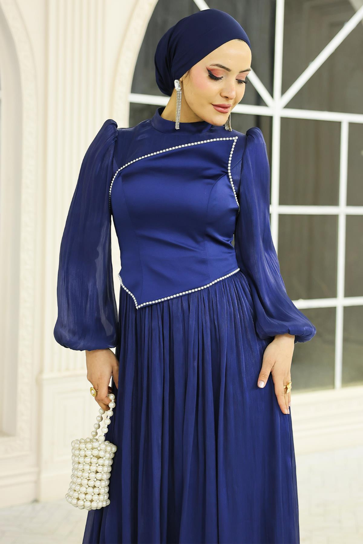 İnci ve Saten Detaylı Yoryo İpek Tesettür Abiye Elbise K. İNDİGO 1688