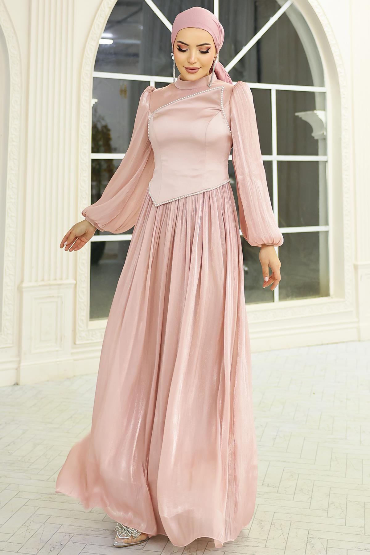 İnci ve Saten Detaylı Yoryo İpek Tesettür Abiye Elbise PUDRA 1688
