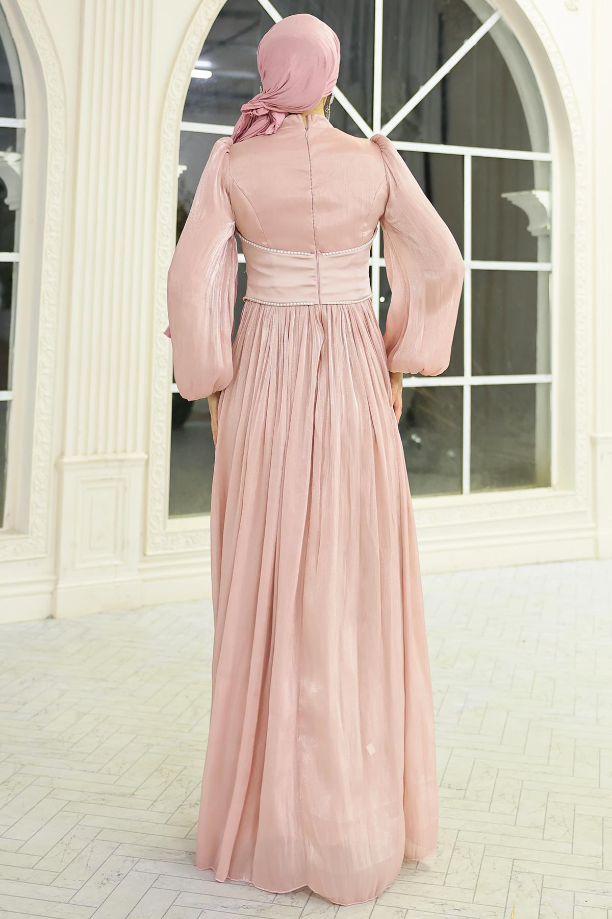 İnci ve Saten Detaylı Yoryo İpek Tesettür Abiye Elbise PUDRA 1688