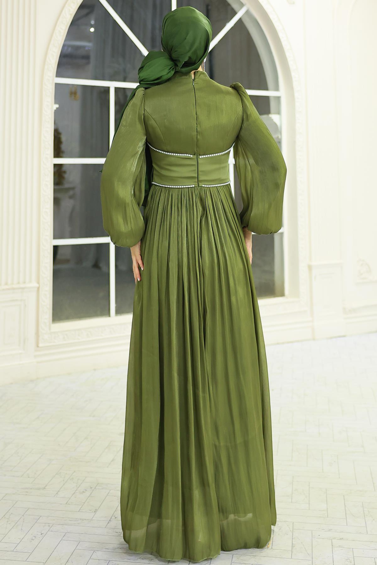 İnci ve Saten Detaylı Yoryo İpek Tesettür Abiye Elbise YEŞİL 1688