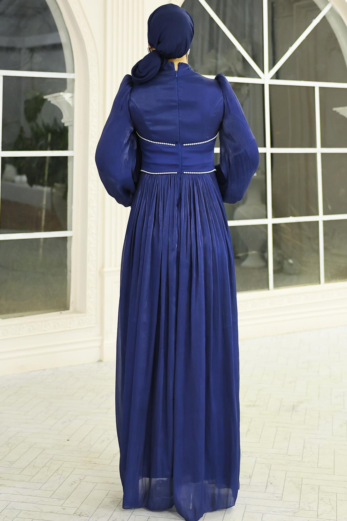 İnci ve Saten Detaylı Yoryo İpek Tesettür Abiye Elbise K. İNDİGO 1688