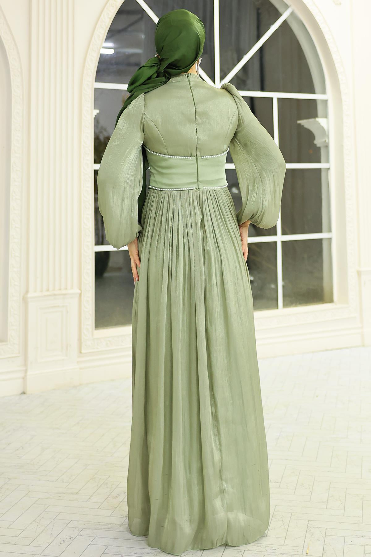 İnci ve Saten Detaylı Yoryo İpek Tesettür Abiye Elbise AÇIK YEŞİL 1688