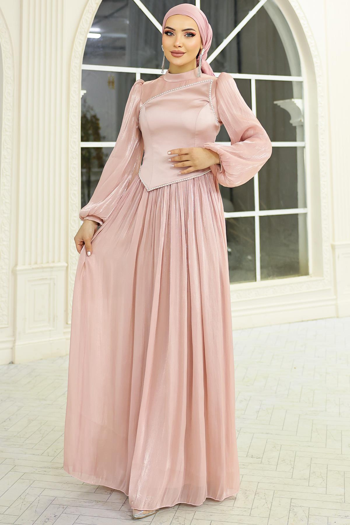 İnci ve Saten Detaylı Yoryo İpek Tesettür Abiye Elbise PUDRA 1688