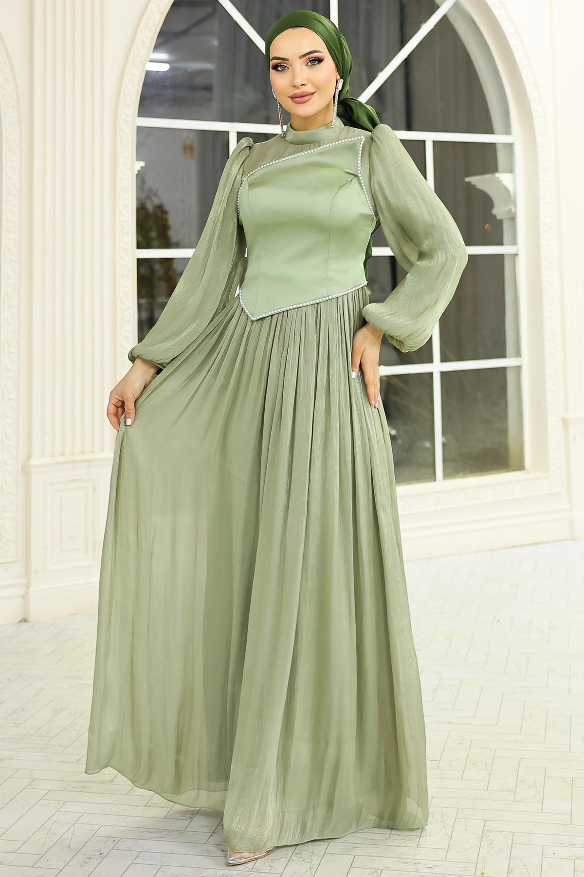 İnci ve Saten Detaylı Yoryo İpek Tesettür Abiye Elbise AÇIK YEŞİL 1688