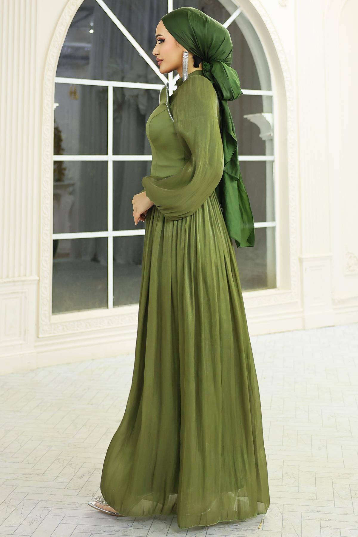 İnci ve Saten Detaylı Yoryo İpek Tesettür Abiye Elbise YEŞİL 1688