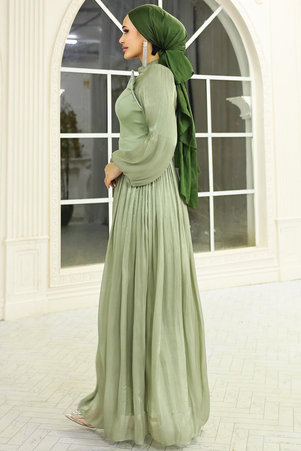 İnci ve Saten Detaylı Yoryo İpek Tesettür Abiye Elbise AÇIK YEŞİL 1688
