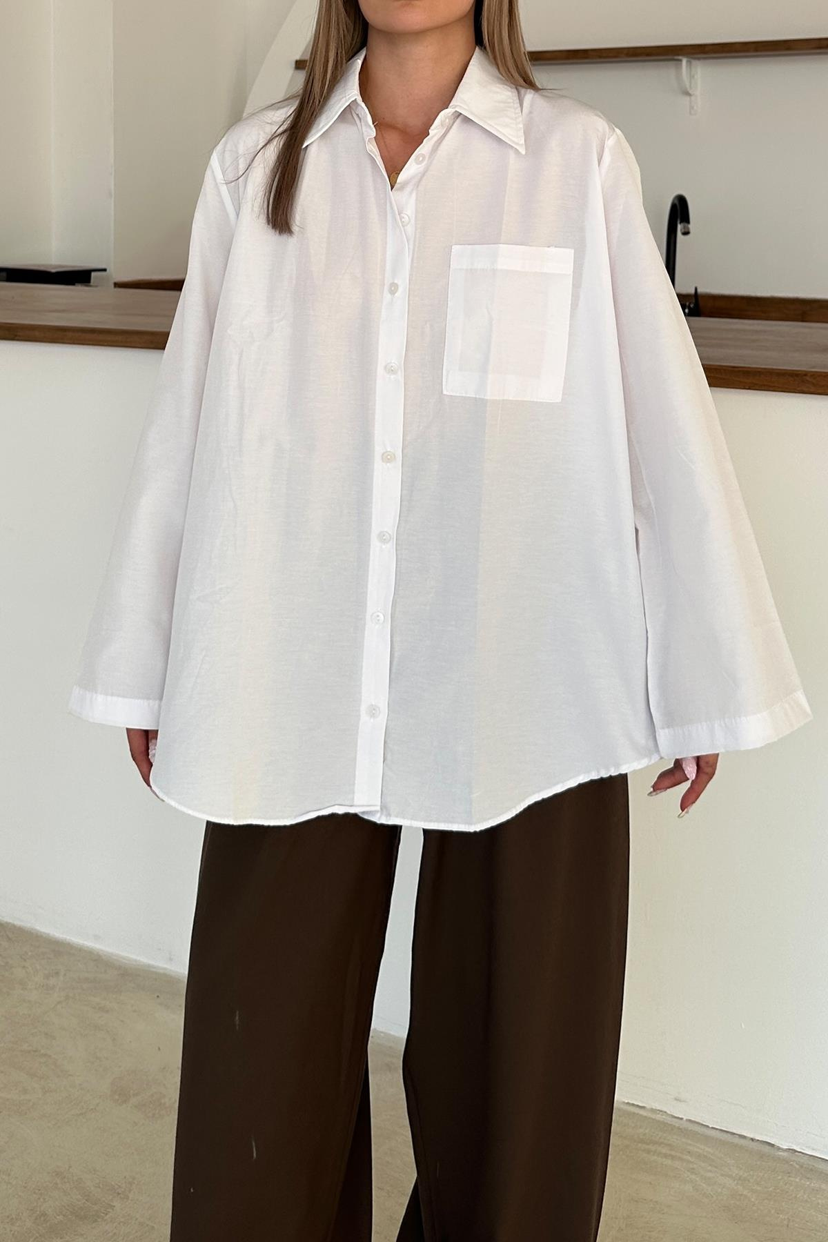 İspanyol Kol Salaş Pamuklu Gömlek BEYAZ 9365