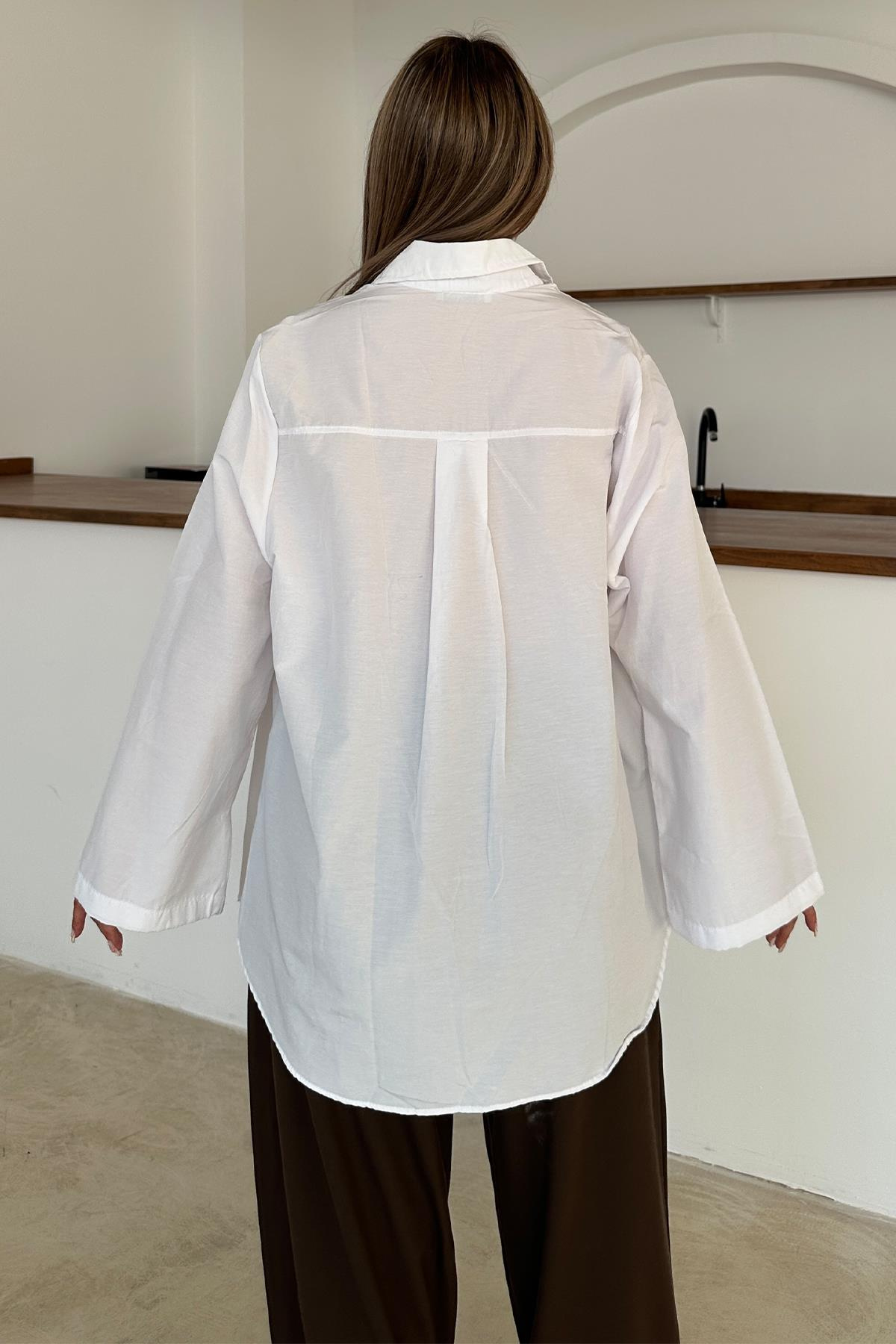 İspanyol Kol Salaş Pamuklu Gömlek BEYAZ 9365