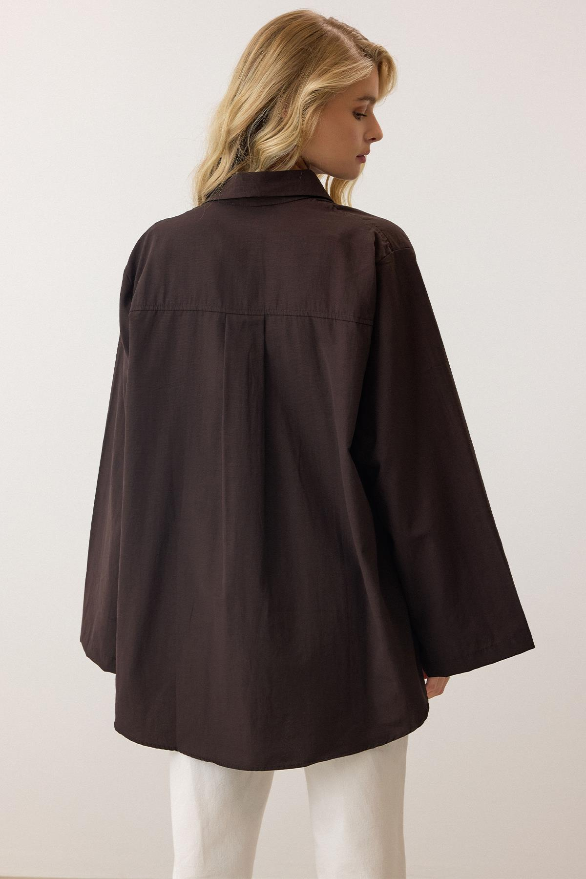 İspanyol Kol Salaş Pamuklu Gömlek KAHVE 9365