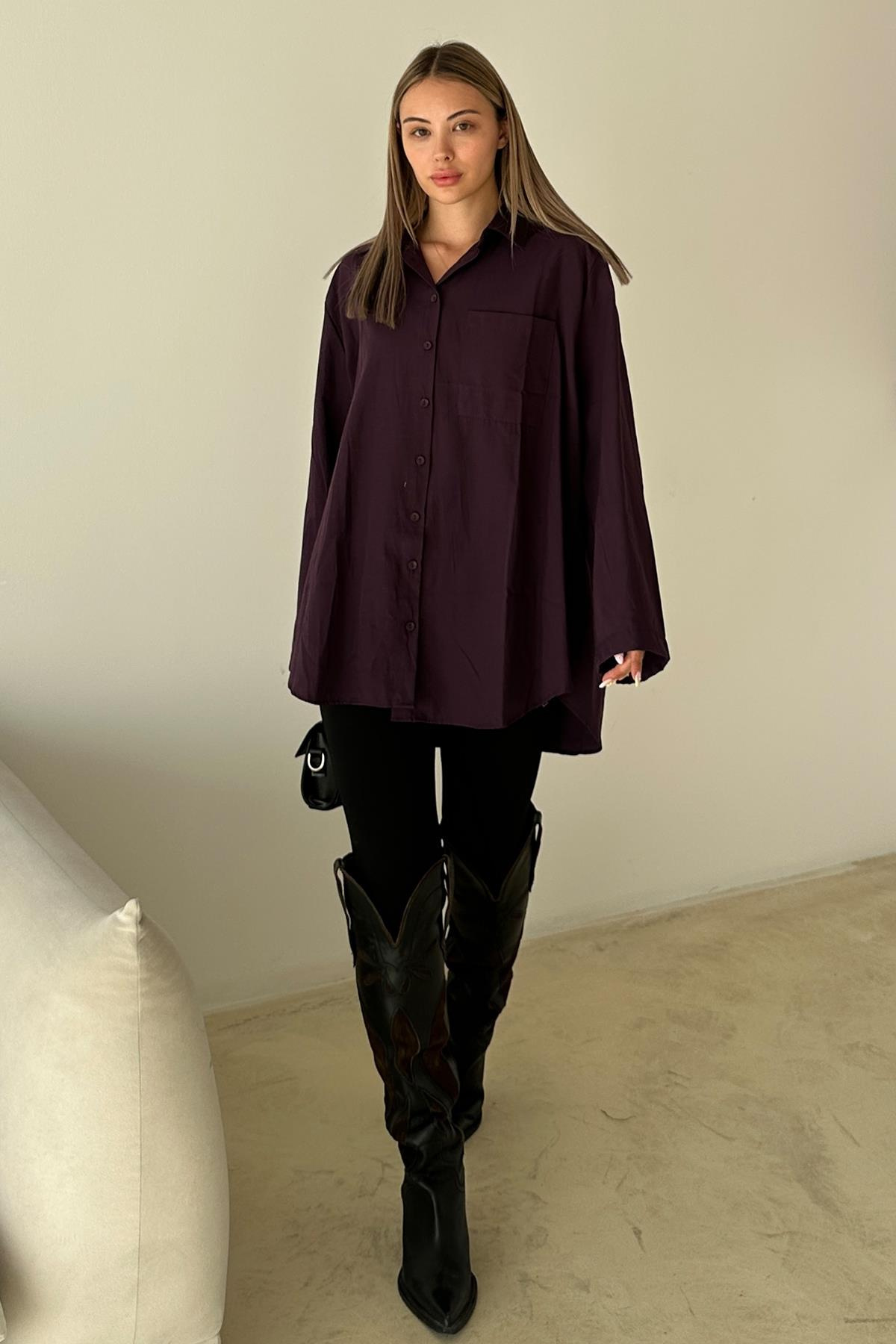 İspanyol Kol Salaş Pamuklu Gömlek MÜRDÜM 9365