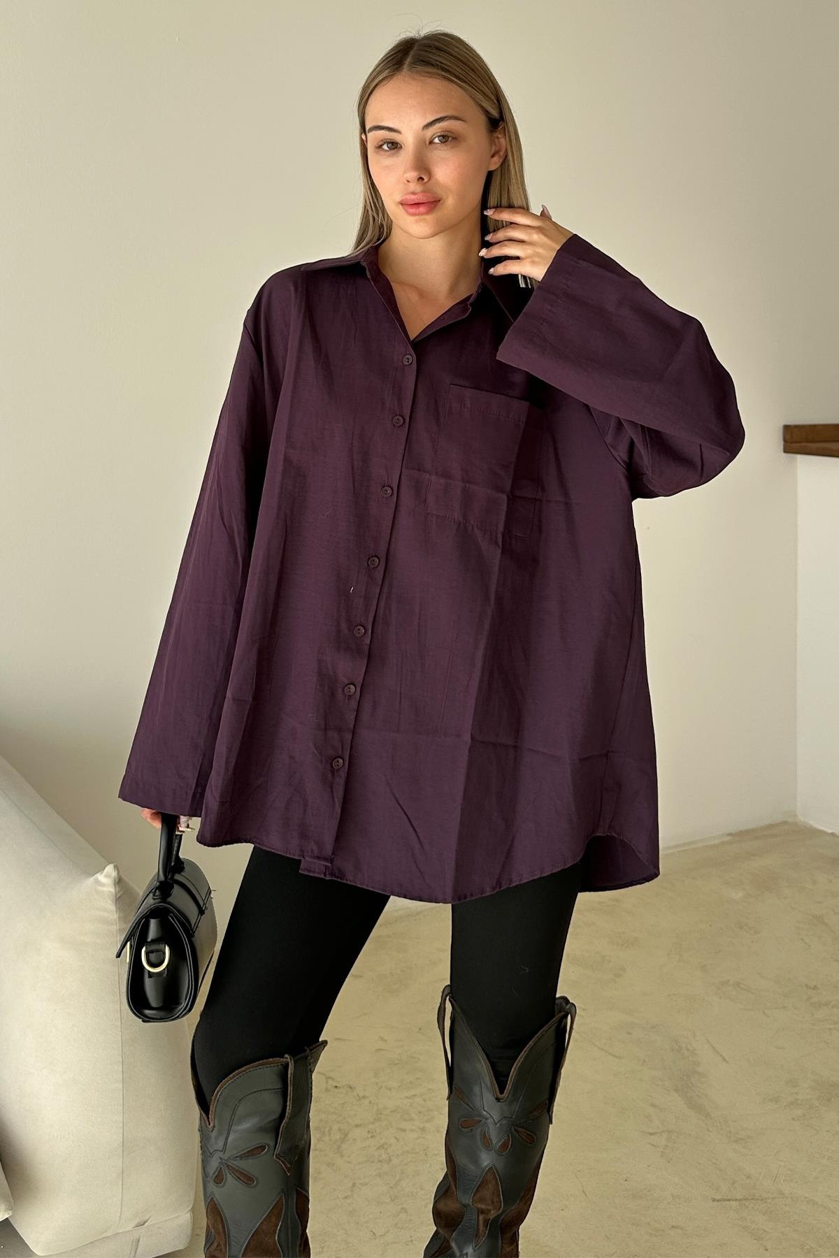 İspanyol Kol Salaş Pamuklu Gömlek MÜRDÜM 9365