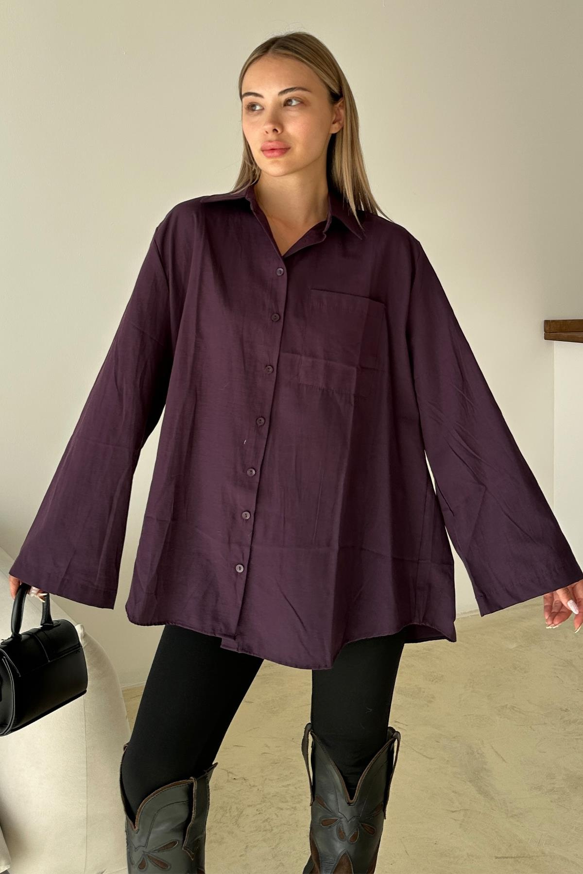 İspanyol Kol Salaş Pamuklu Gömlek MÜRDÜM 9365