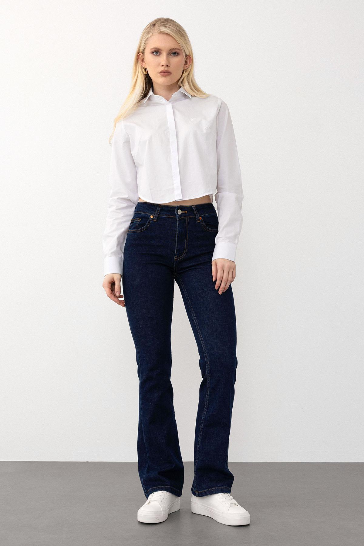 İspanyol Paça Jean Pantolon KOYU MAVİ 7574