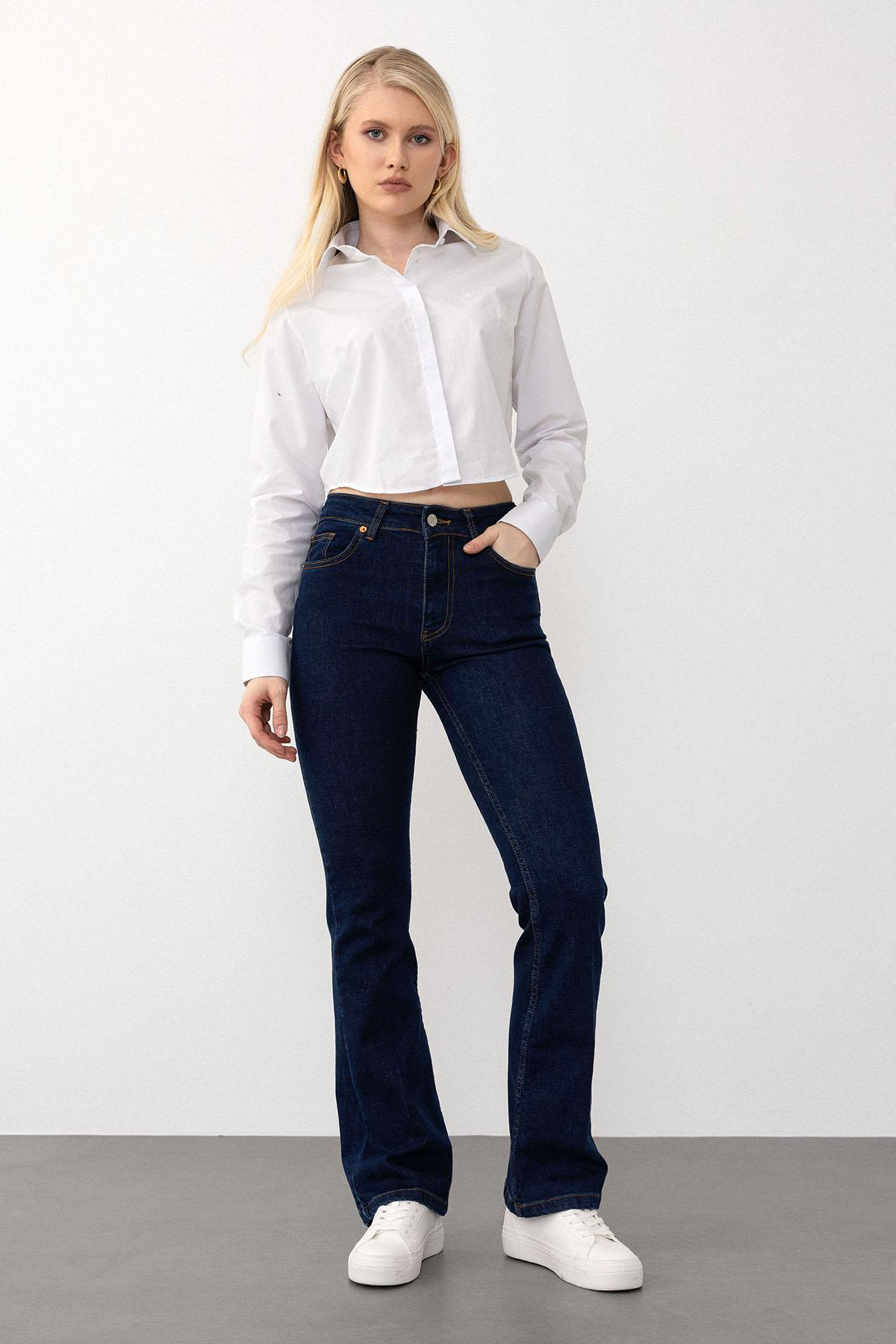 İspanyol Paça Jean Pantolon KOYU MAVİ 7574