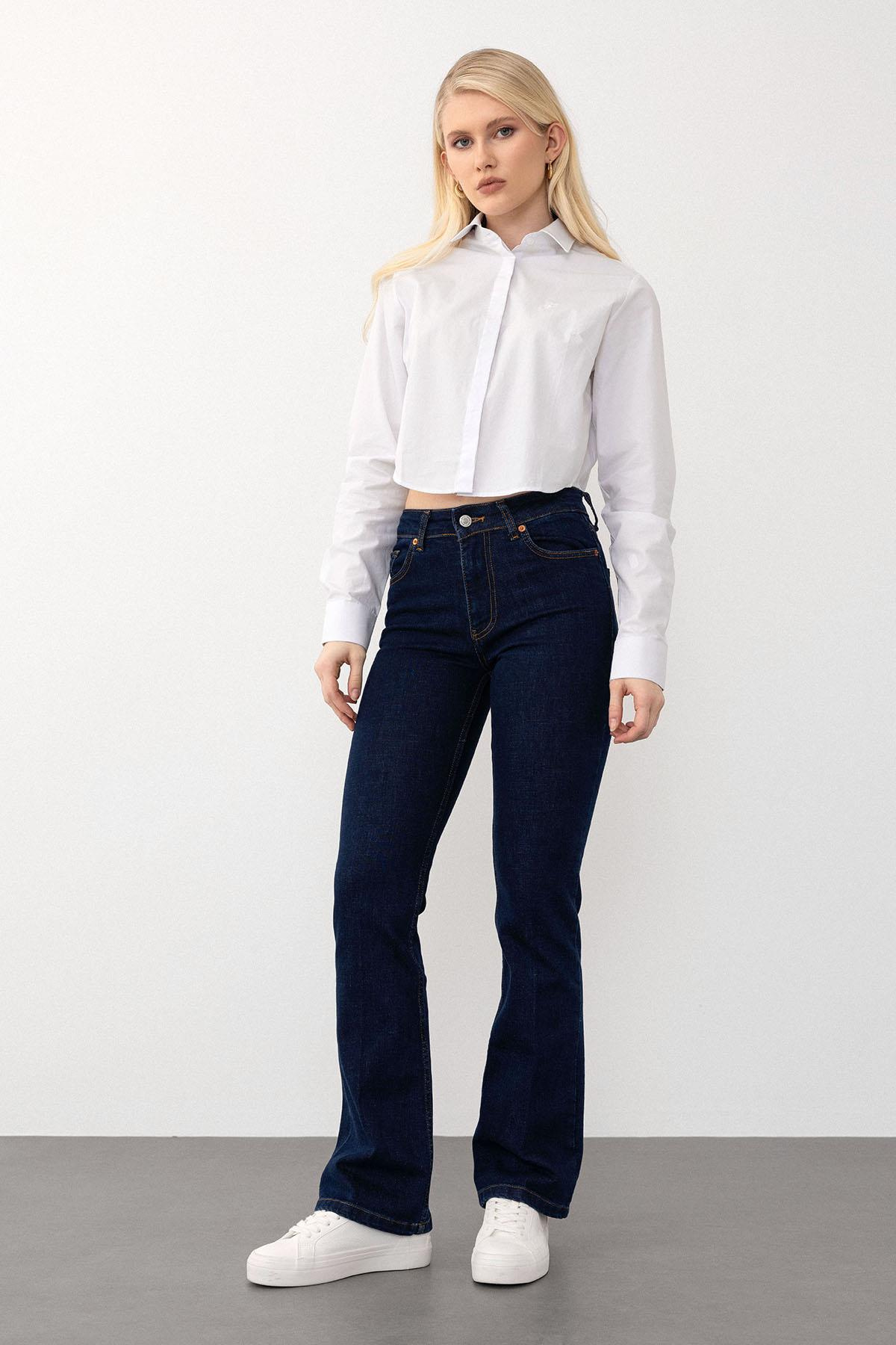 İspanyol Paça Jean Pantolon KOYU MAVİ 7574