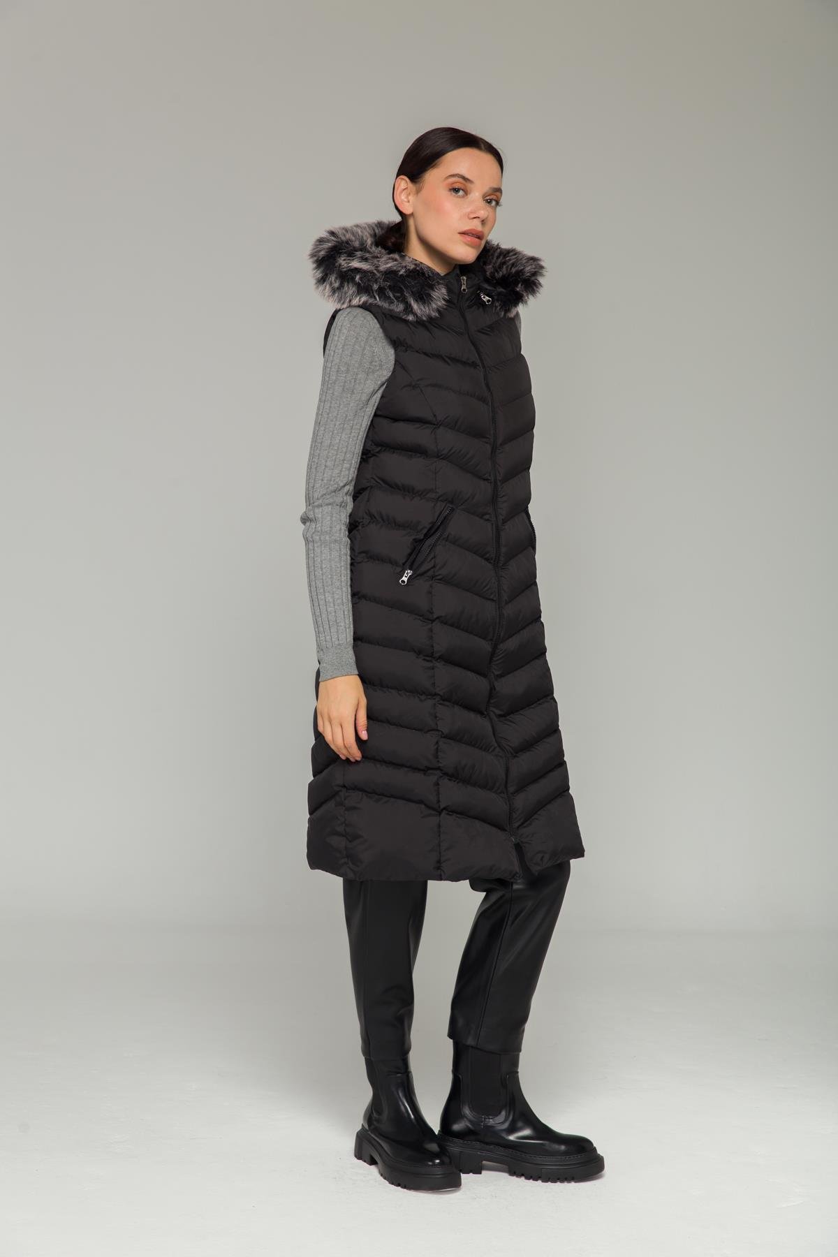 Kapşonu Kürklü Şişme Yelek SİYAH 8187