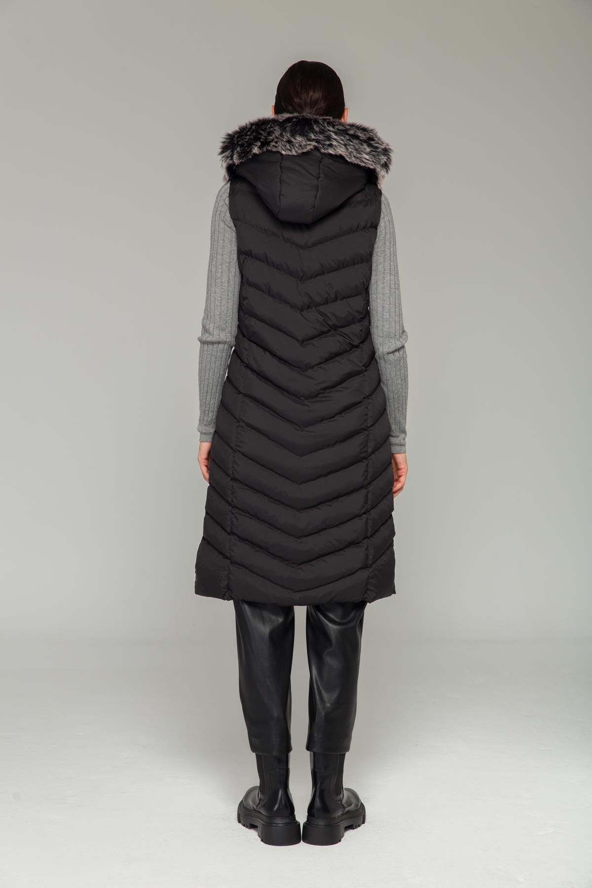 Kapşonu Kürklü Şişme Yelek SİYAH 8187