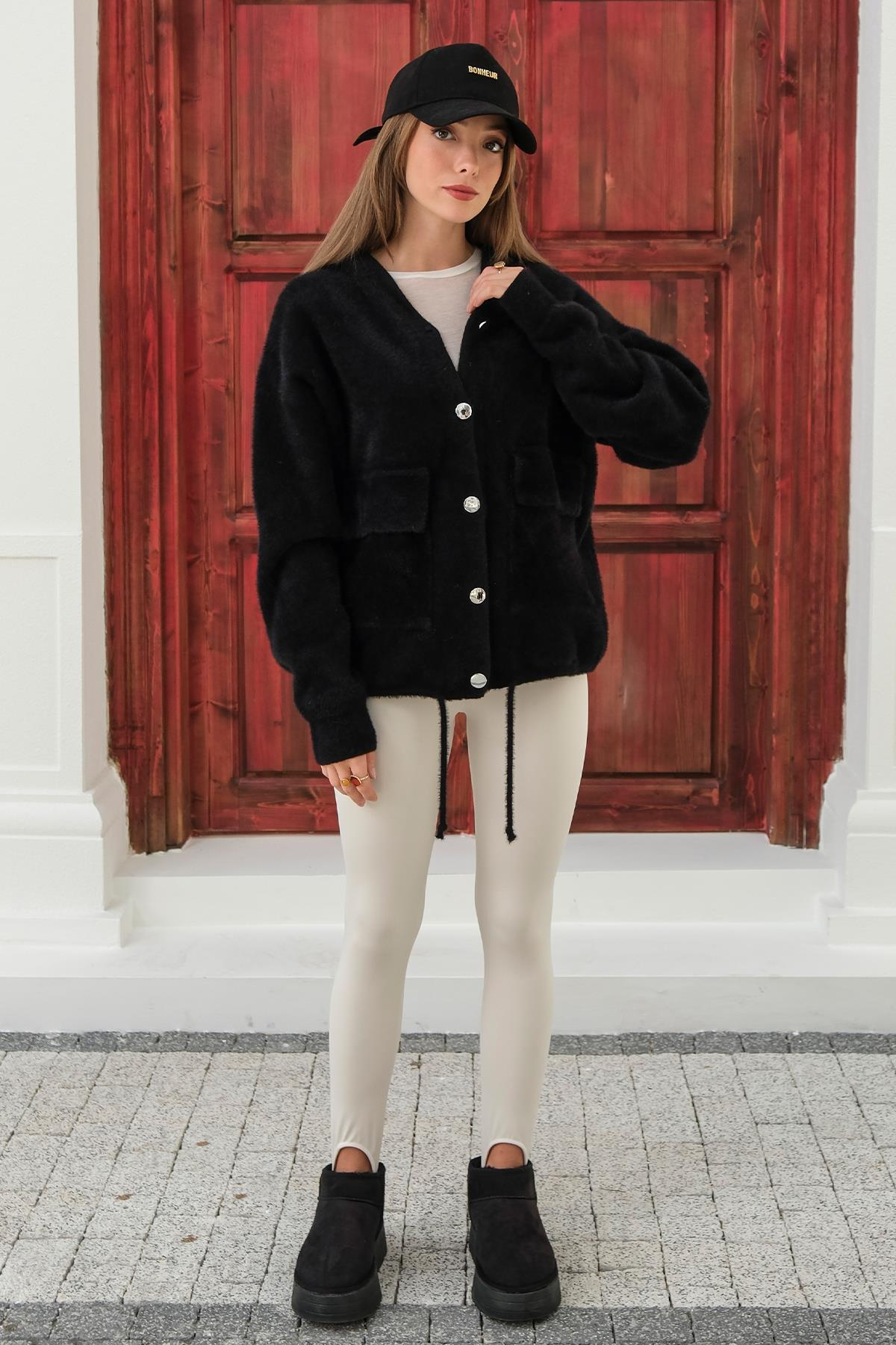 Kapüşonlu Bağcık Detaylı Angora Görünümlü Oversize Ceket SİYAH 8273