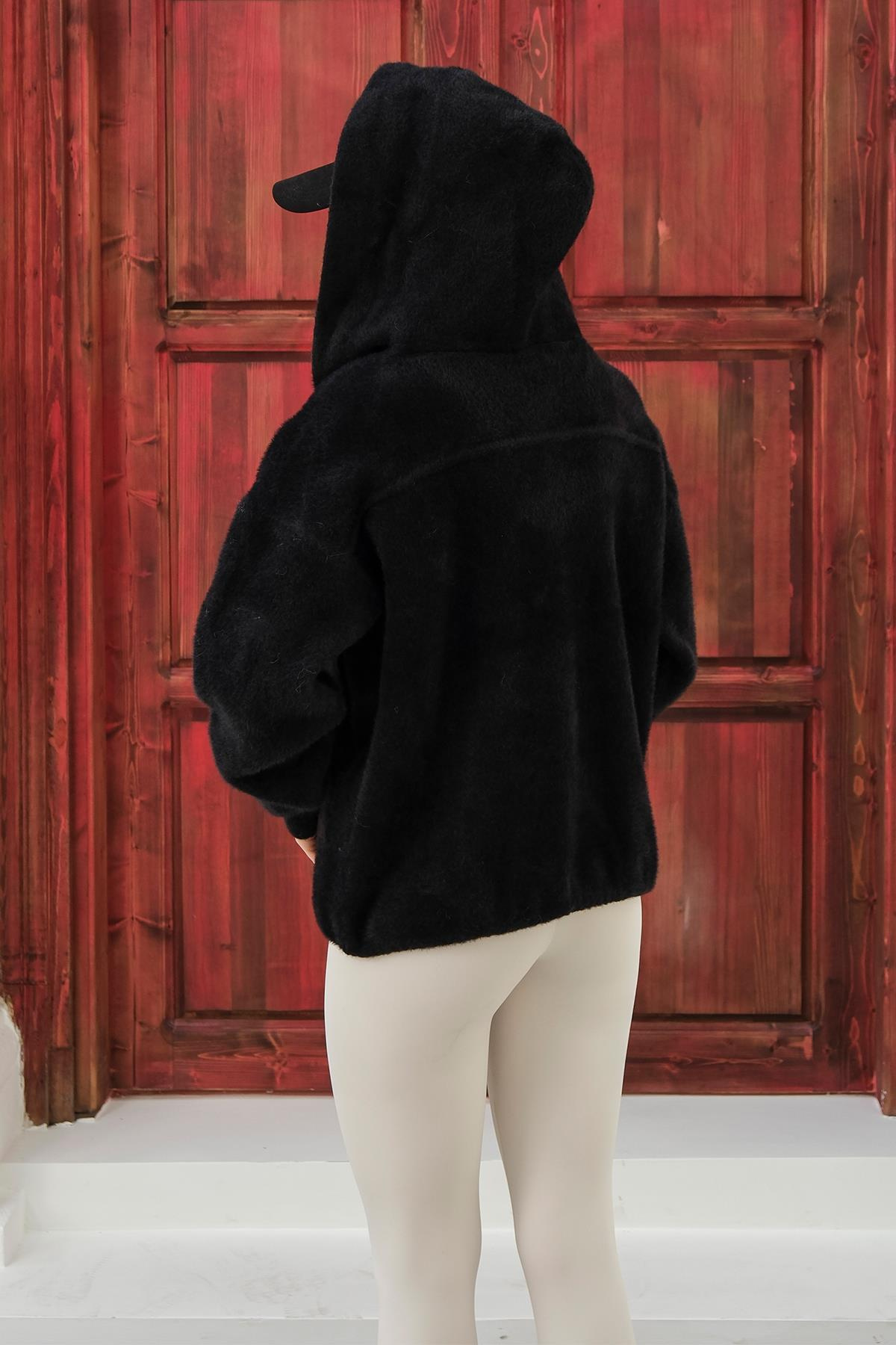 Kapüşonlu Bağcık Detaylı Angora Görünümlü Oversize Ceket SİYAH 8273