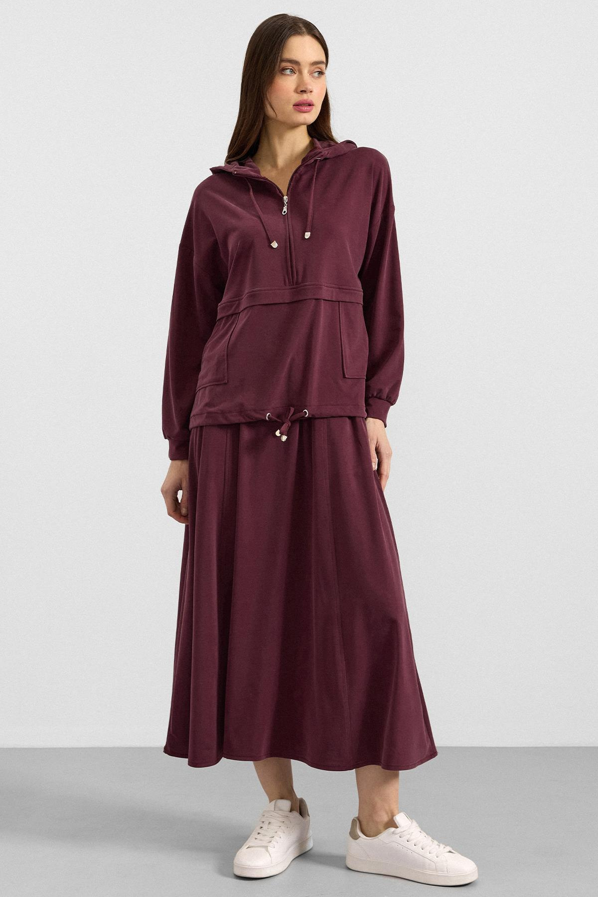 Kapüşonlu Bağcık Detaylı Premium Kumaş Sweat Etek Takım BORDO 9403-TK