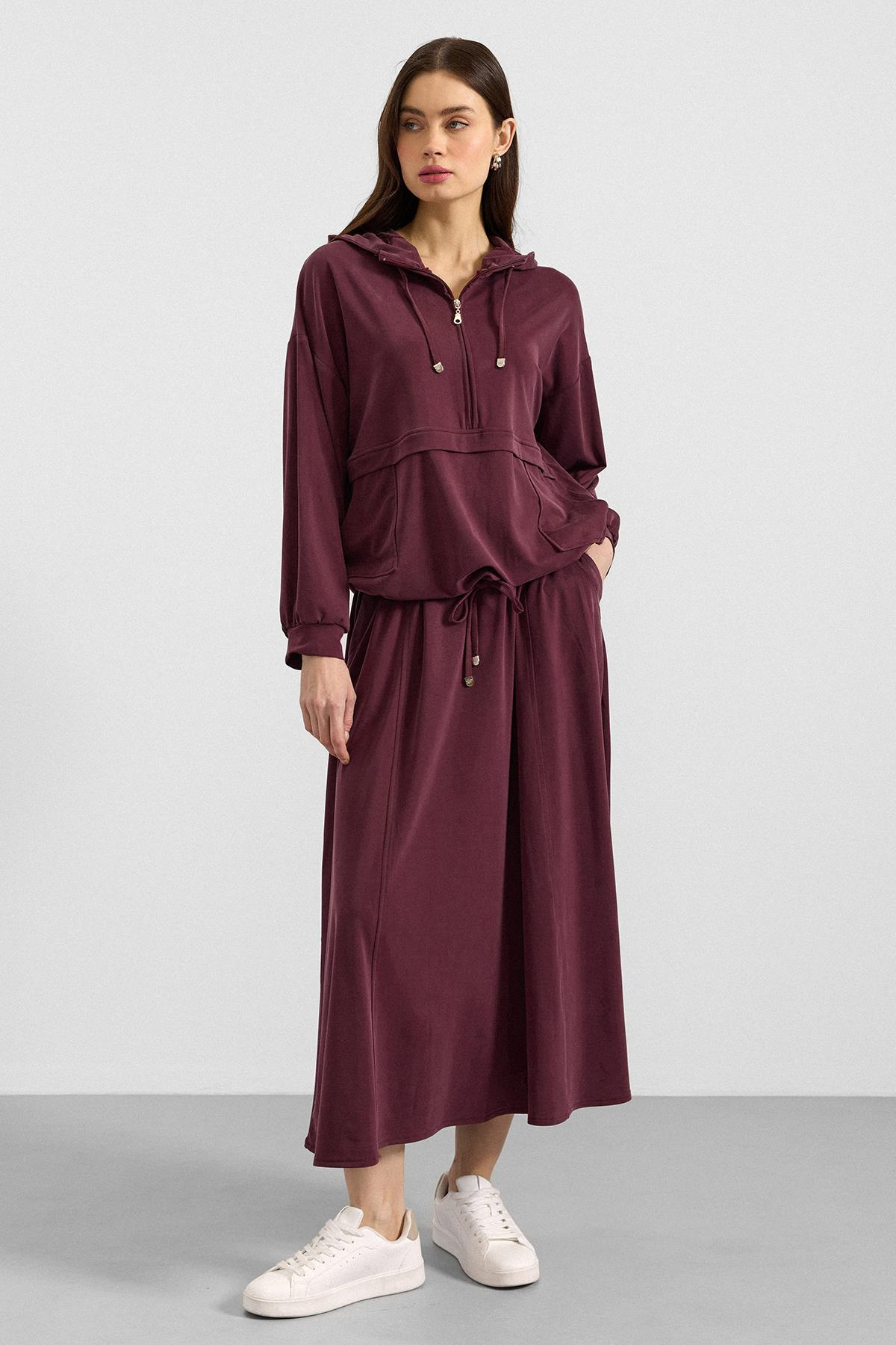 Kapüşonlu Bağcık Detaylı Premium Kumaş Sweat Etek Takım BORDO 9403-TK