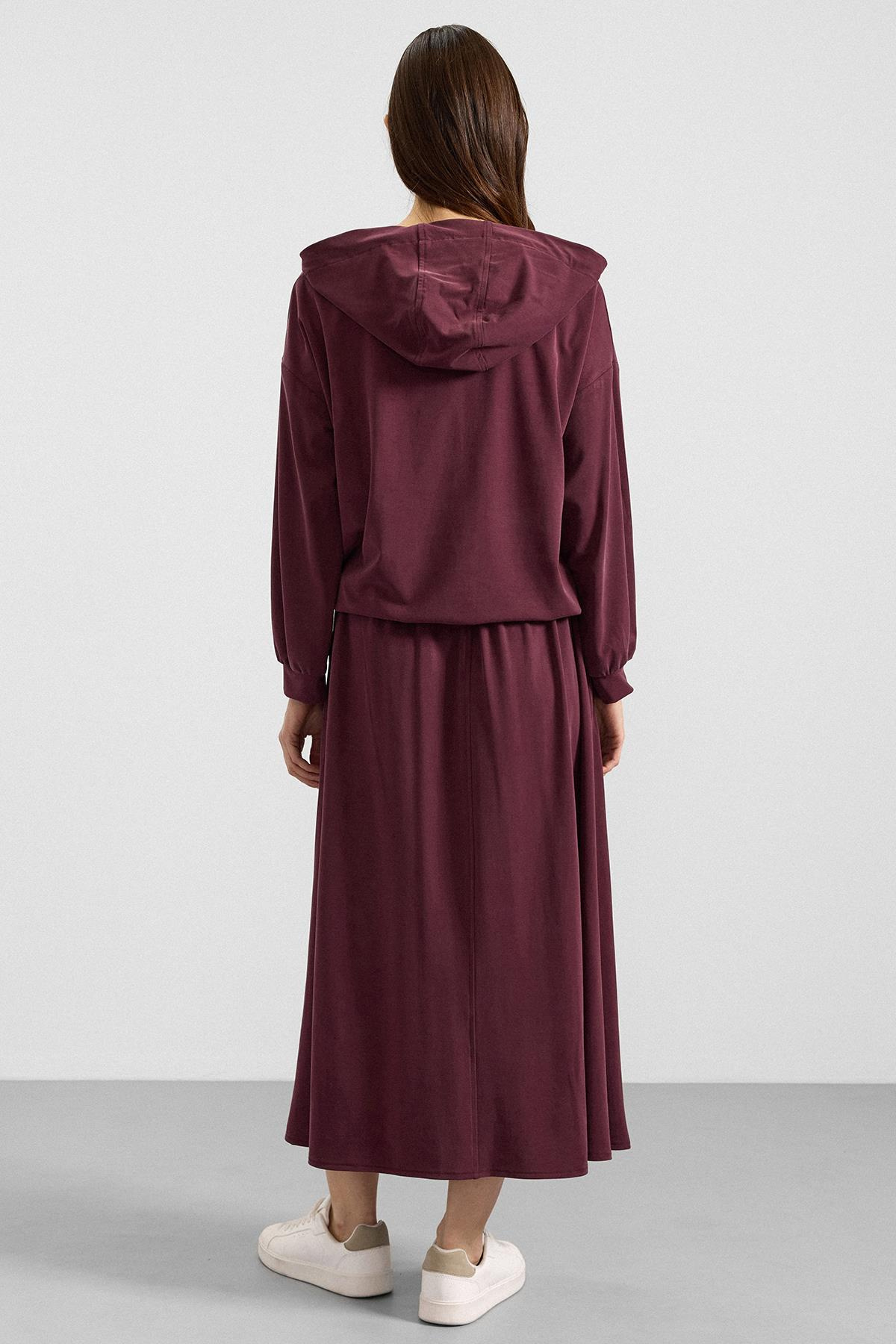 Kapüşonlu Bağcık Detaylı Premium Kumaş Sweat Etek Takım BORDO 9403-TK