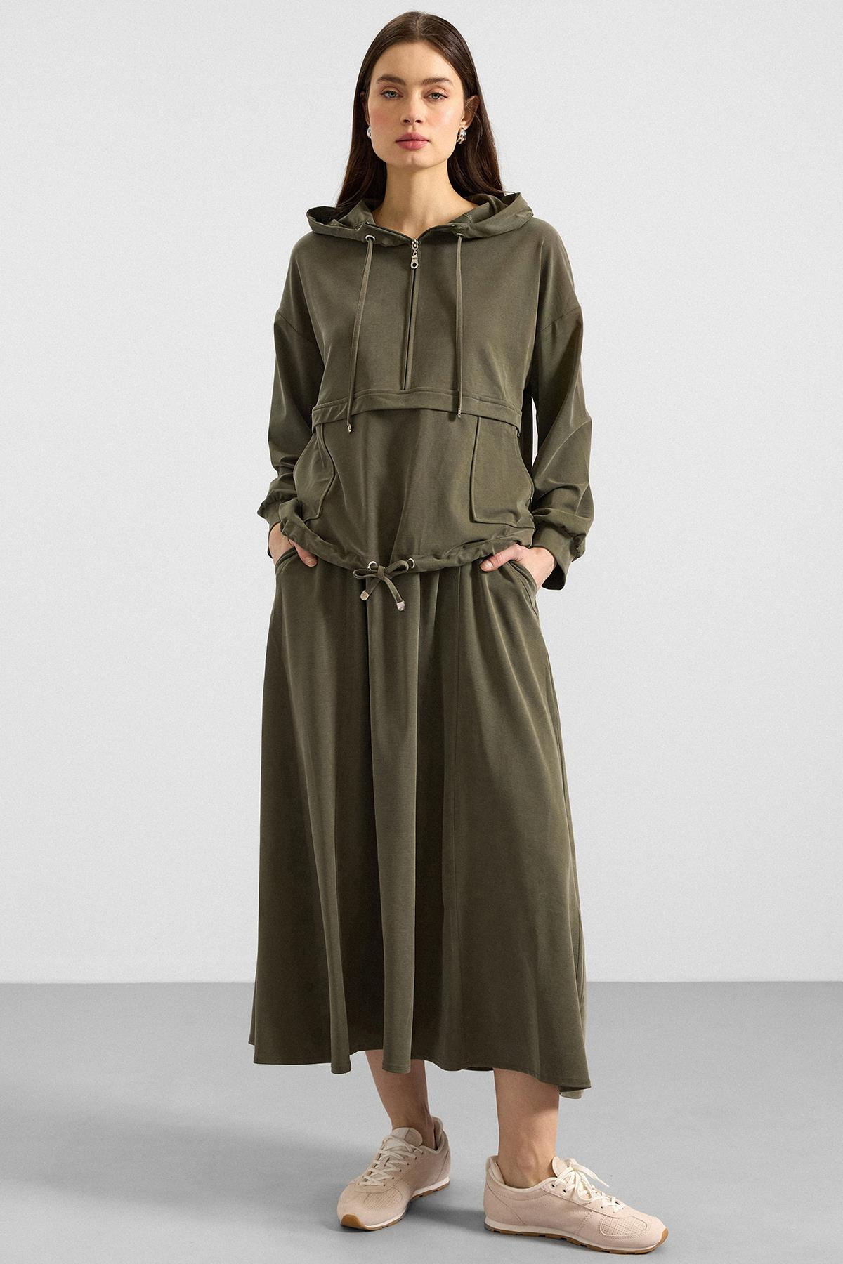 Kapüşonlu Bağcık Detaylı Premium Kumaş Sweat Etek Takım HAKİ 9403-TK