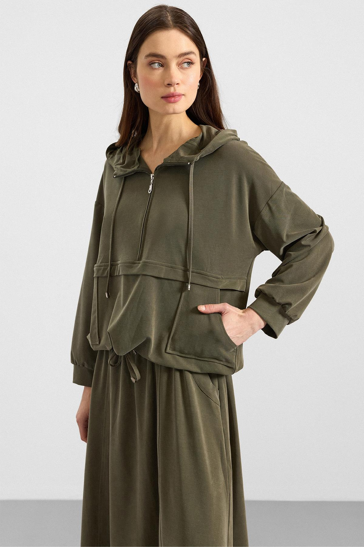 Kapüşonlu Bağcık Detaylı Premium Kumaş Sweat Etek Takım HAKİ 9403-TK