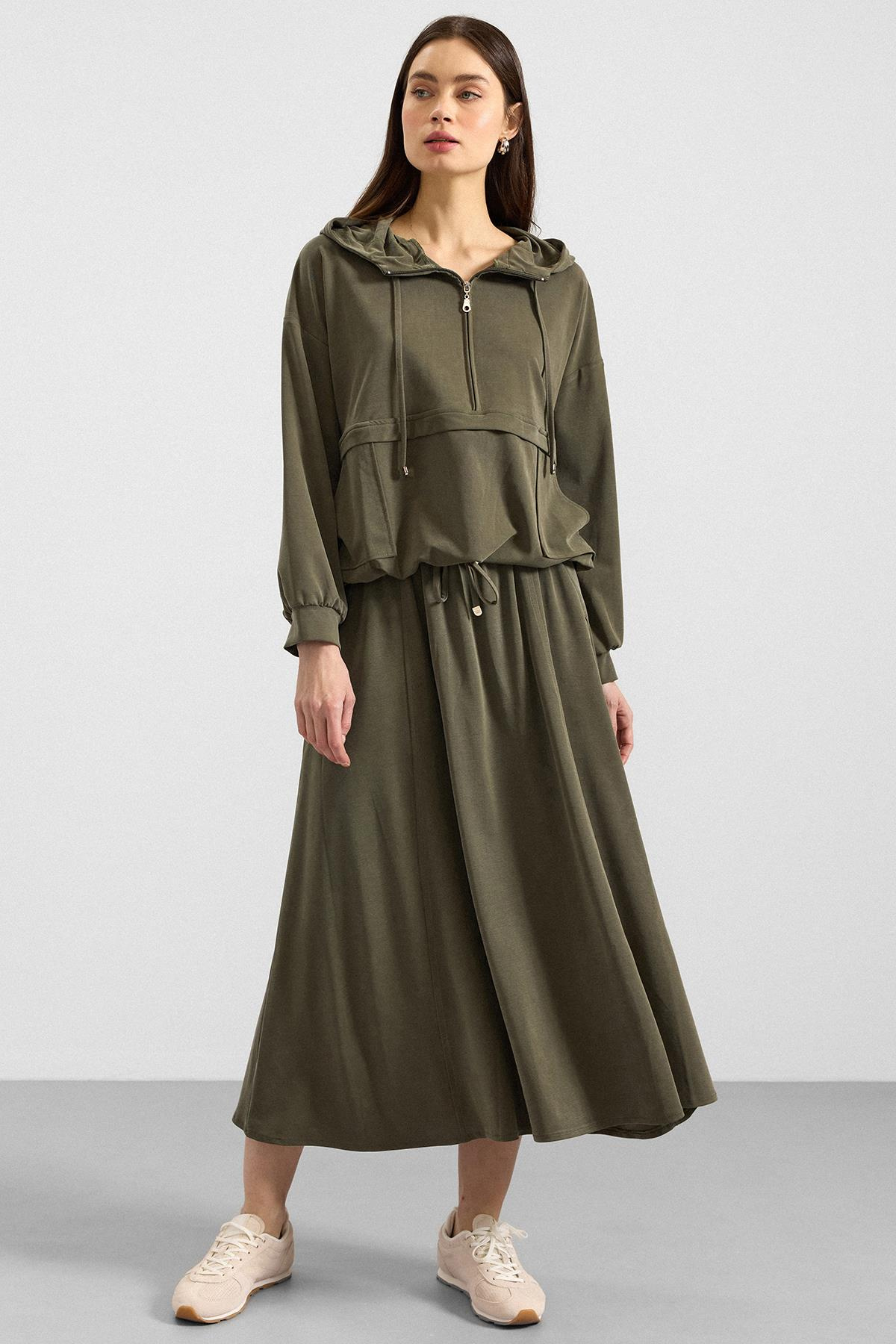 Kapüşonlu Bağcık Detaylı Premium Kumaş Sweat Etek Takım HAKİ 9403-TK