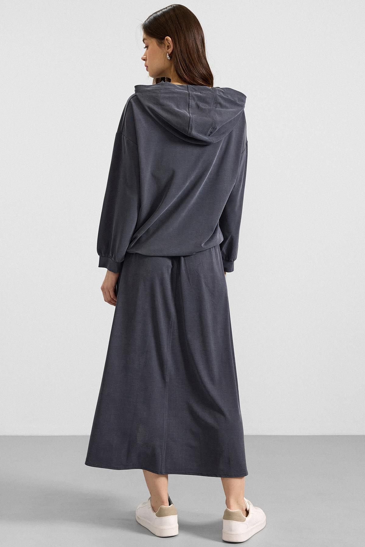 Kapüşonlu Bağcık Detaylı Premium Kumaş Sweat Etek Takım LACİVERT 9403-TK