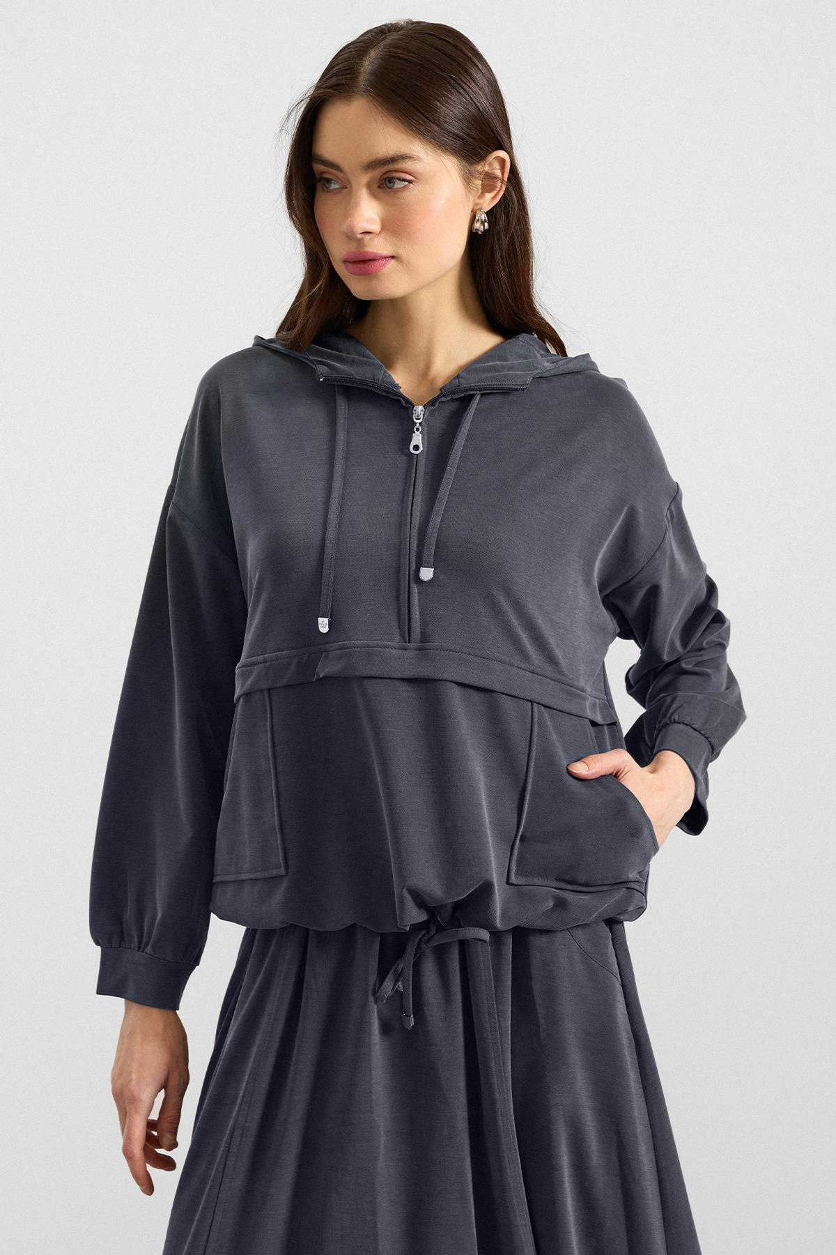 Kapüşonlu Bağcık Detaylı Premium Kumaş Sweat Etek Takım LACİVERT 9403-TK