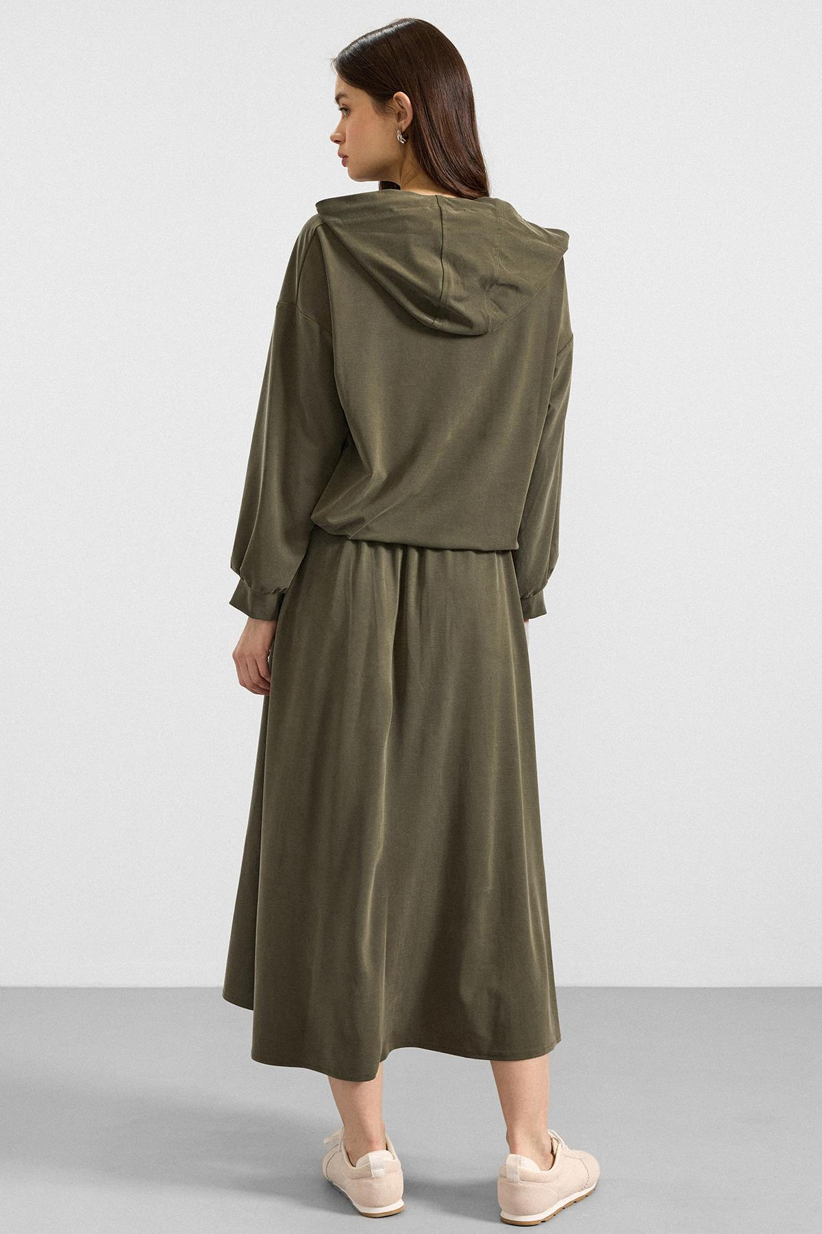 Kapüşonlu Bağcık Detaylı Premium Kumaş Sweat Etek Takım HAKİ 9403-TK