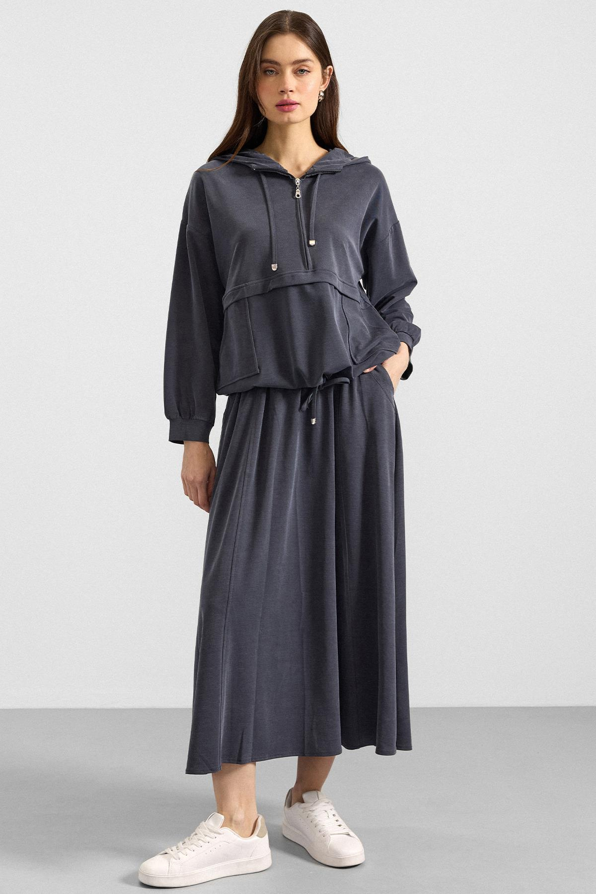 Kapüşonlu Bağcık Detaylı Premium Kumaş Sweat Etek Takım LACİVERT 9403-TK