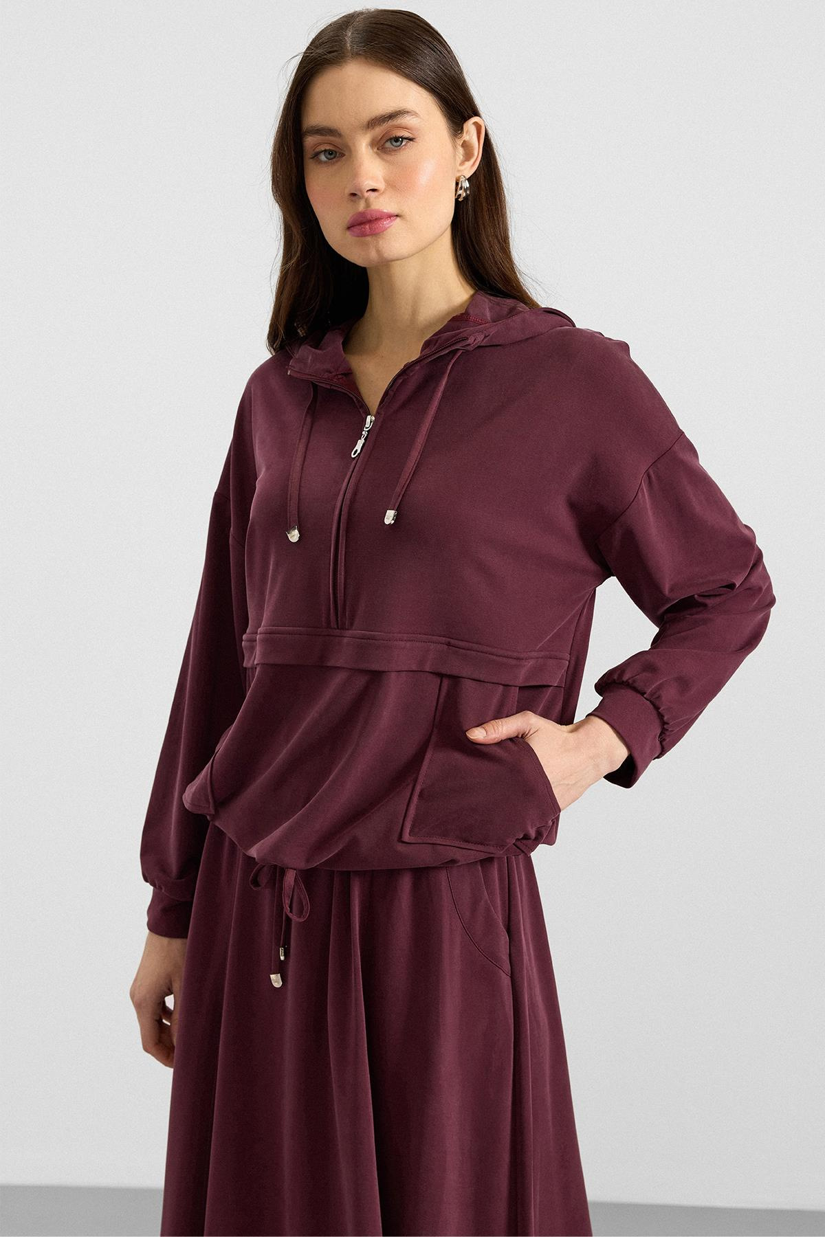 Kapüşonlu Bağcık Detaylı Premium Kumaş Sweat Etek Takım BORDO 9403-TK