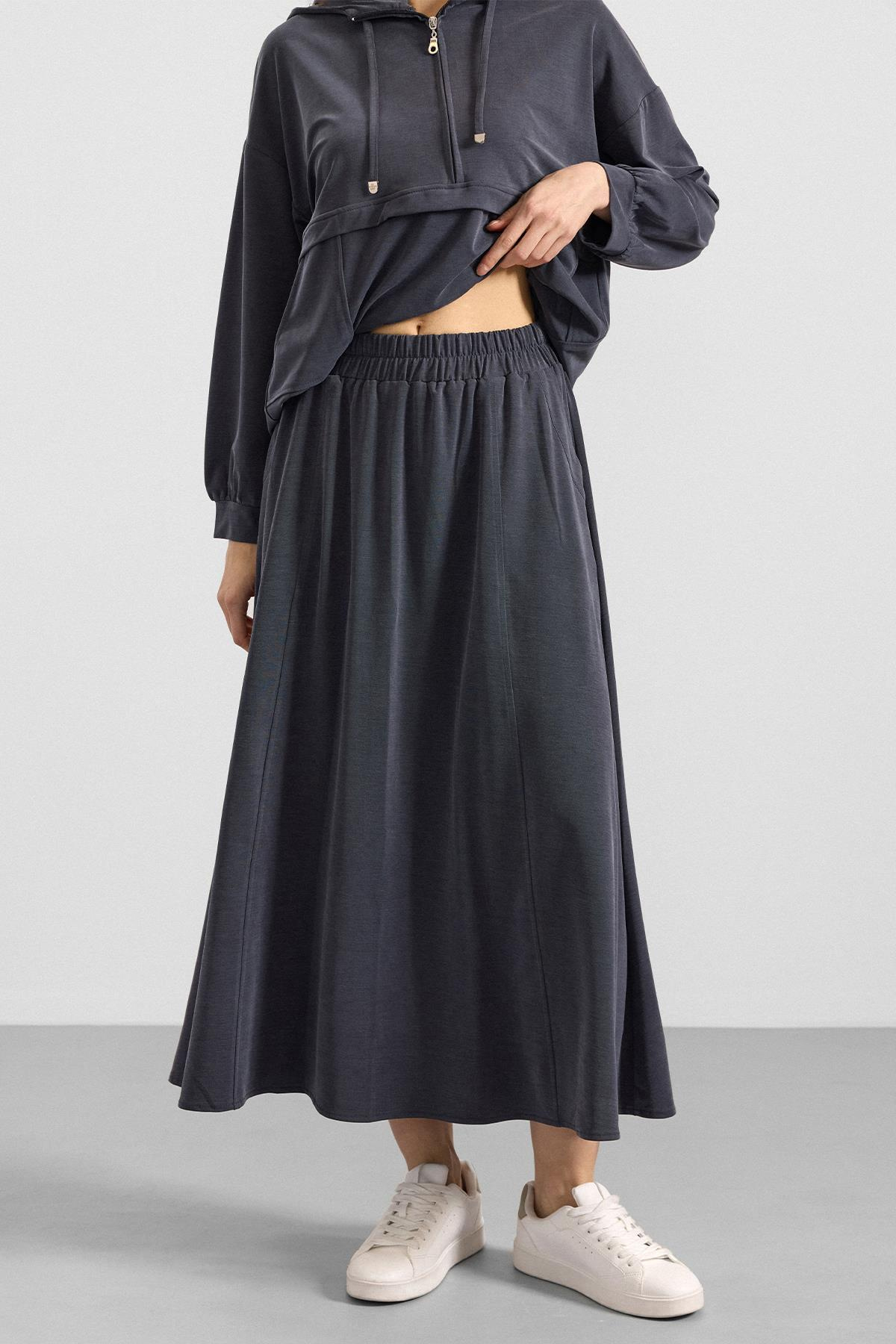 Kapüşonlu Bağcık Detaylı Premium Kumaş Sweat Etek Takım LACİVERT 9403-TK