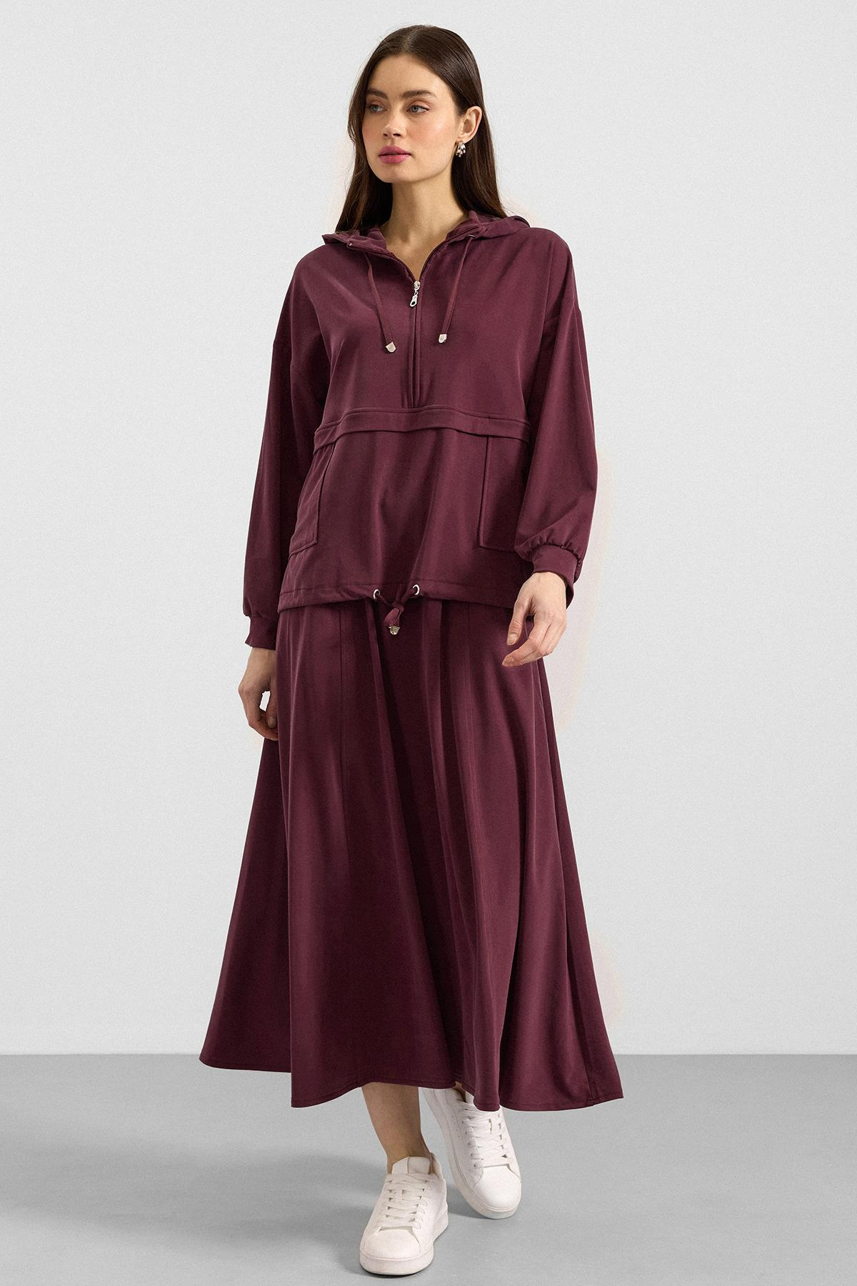 Kapüşonlu Bağcık Detaylı Premium Kumaş Sweat Etek Takım BORDO 9403-TK