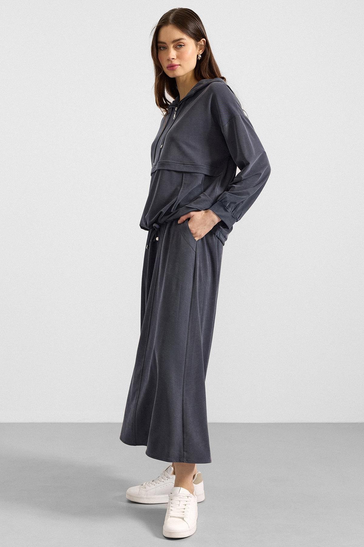 Kapüşonlu Bağcık Detaylı Premium Kumaş Sweat Etek Takım LACİVERT 9403-TK