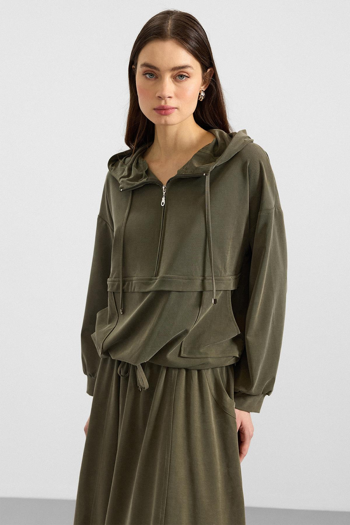 Kapüşonlu Bağcık Detaylı Premium Kumaş Sweat Etek Takım HAKİ 9403-TK