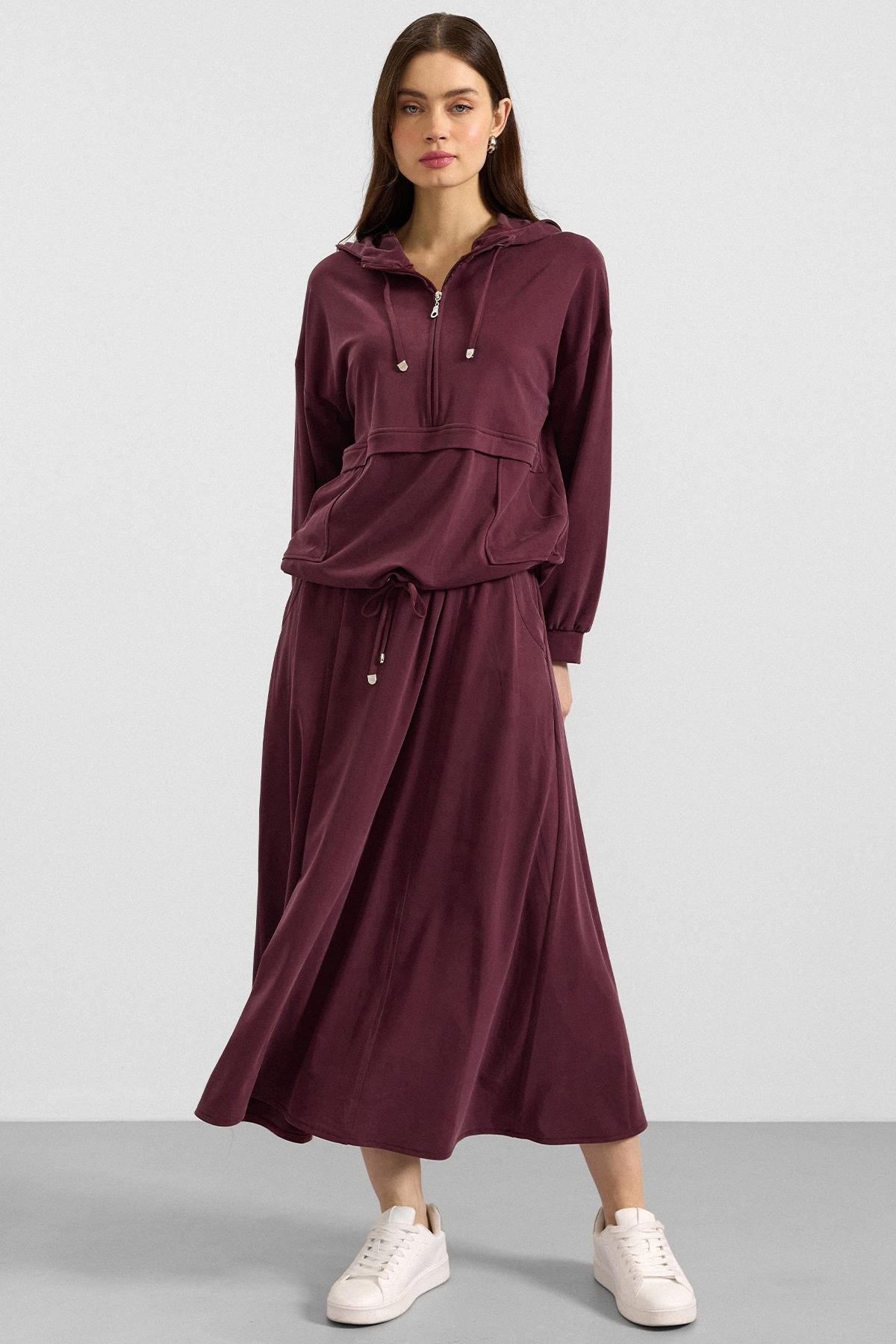 Kapüşonlu Bağcık Detaylı Premium Kumaş Sweat Etek Takım BORDO 9403-TK