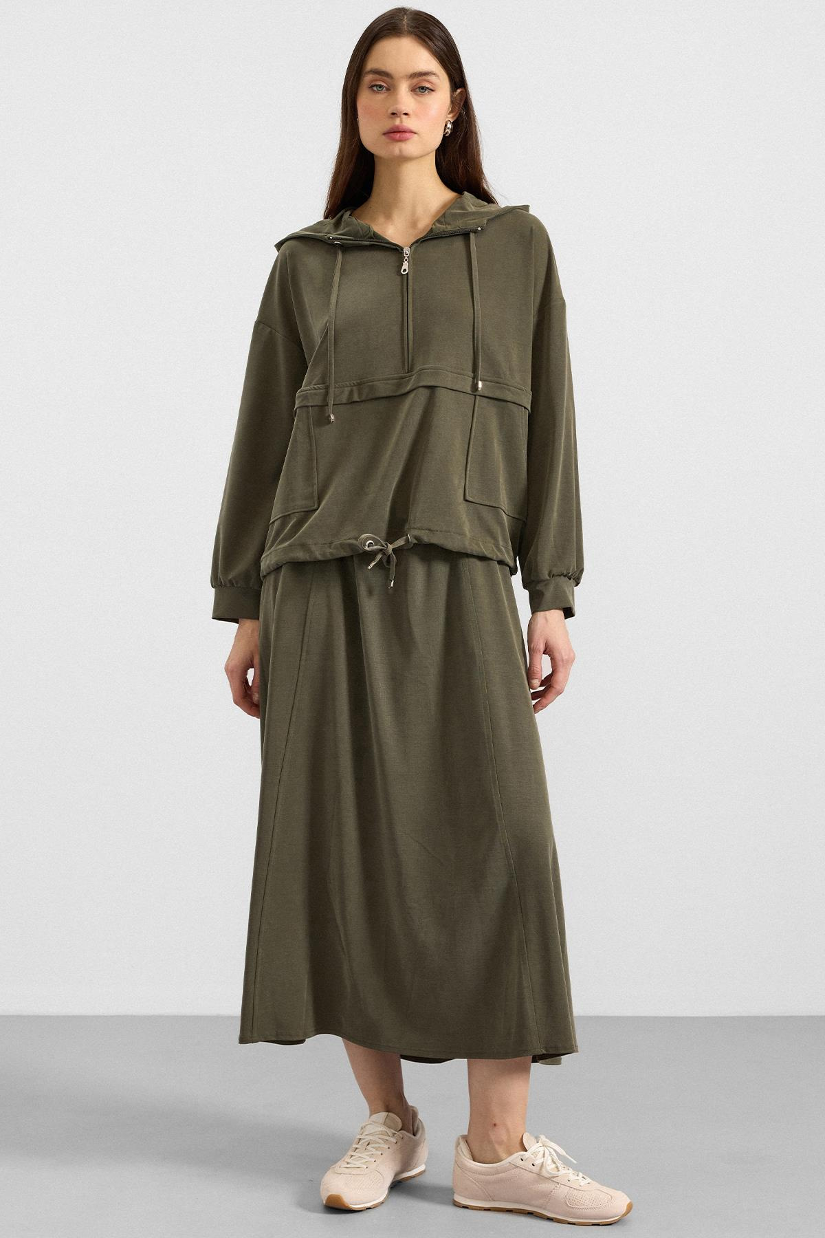 Kapüşonlu Bağcık Detaylı Premium Kumaş Sweat Etek Takım HAKİ 9403-TK