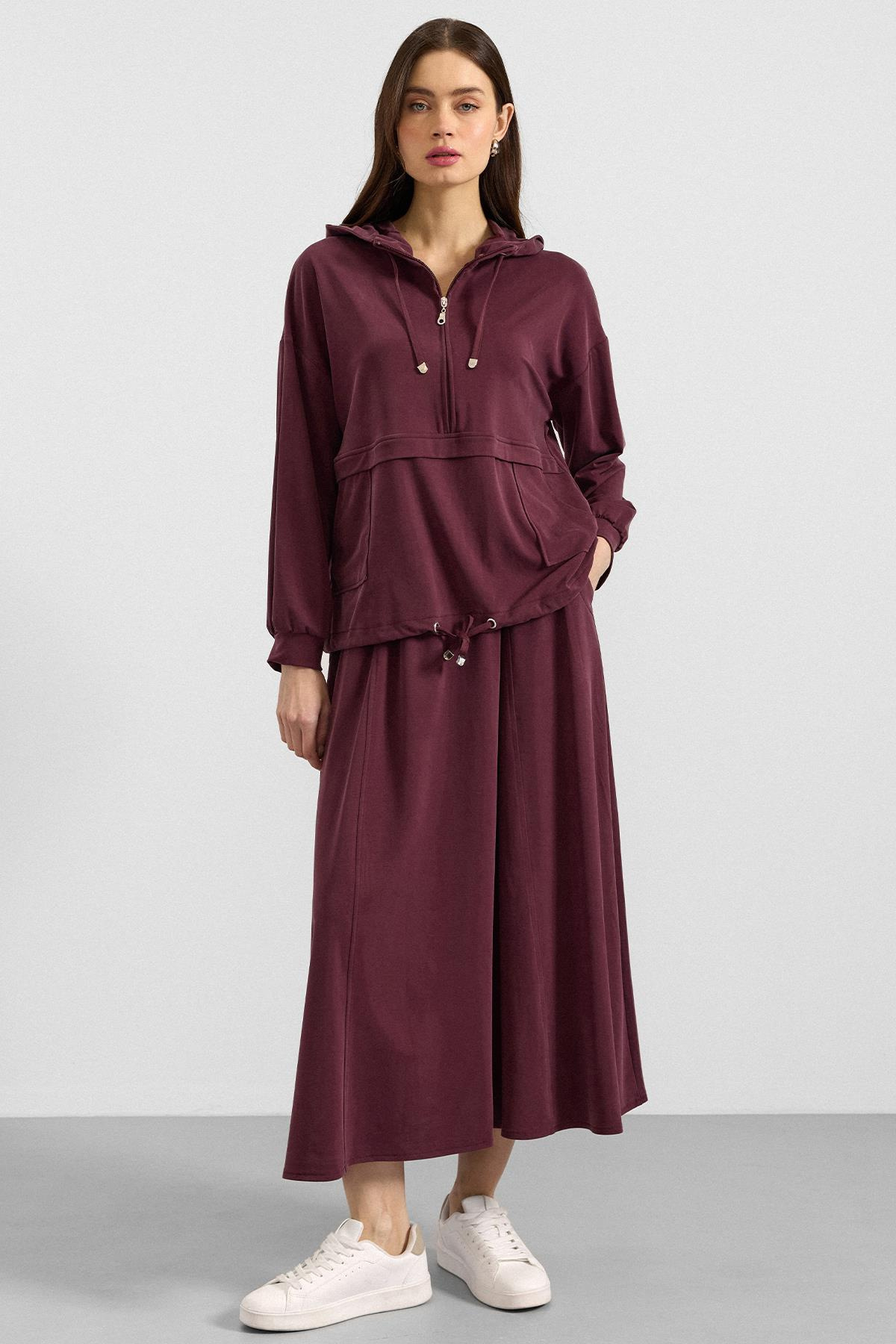 Kapüşonlu Bağcık Detaylı Premium Kumaş Sweat Etek Takım BORDO 9403-TK