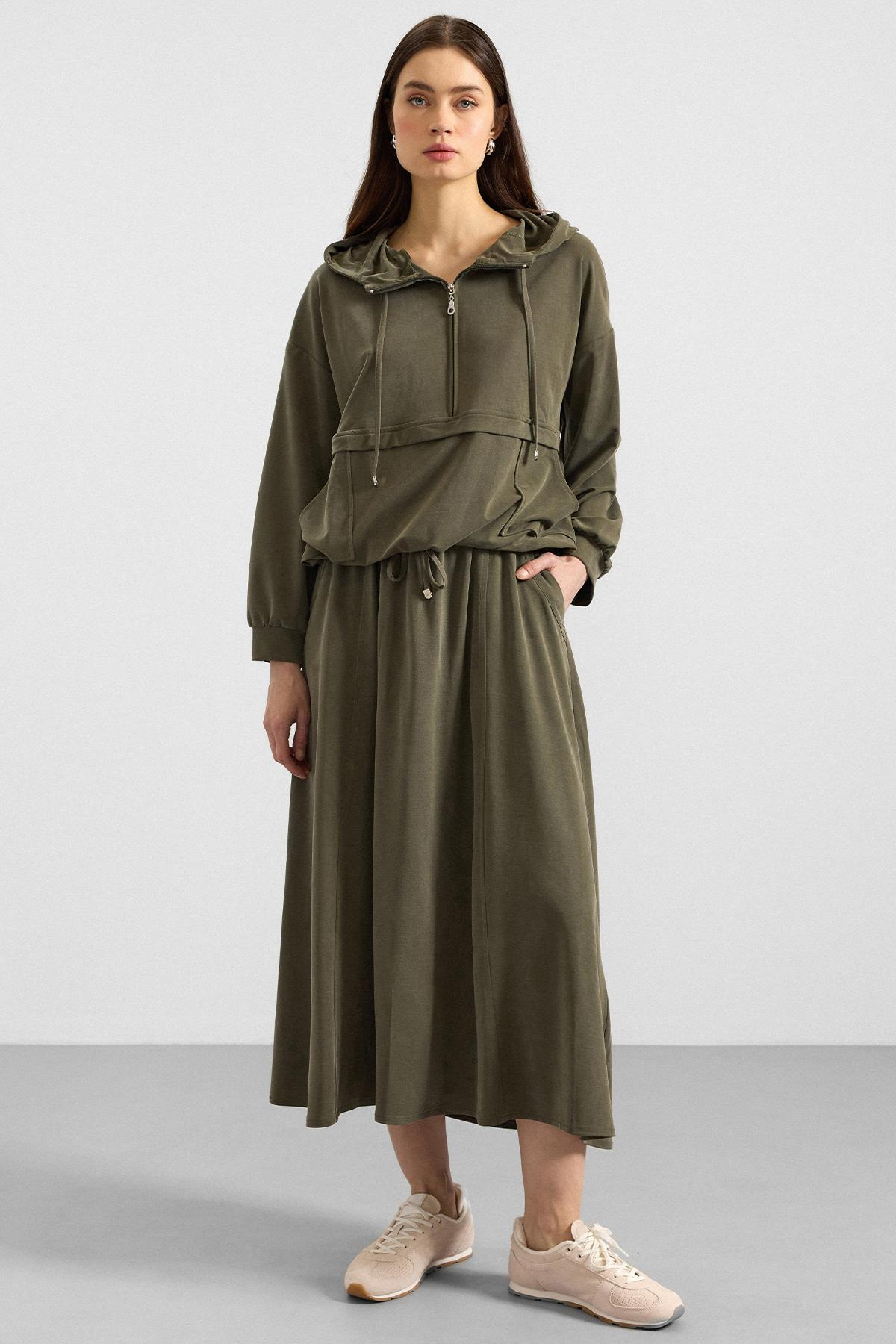 Kapüşonlu Bağcık Detaylı Premium Kumaş Sweat Etek Takım HAKİ 9403-TK