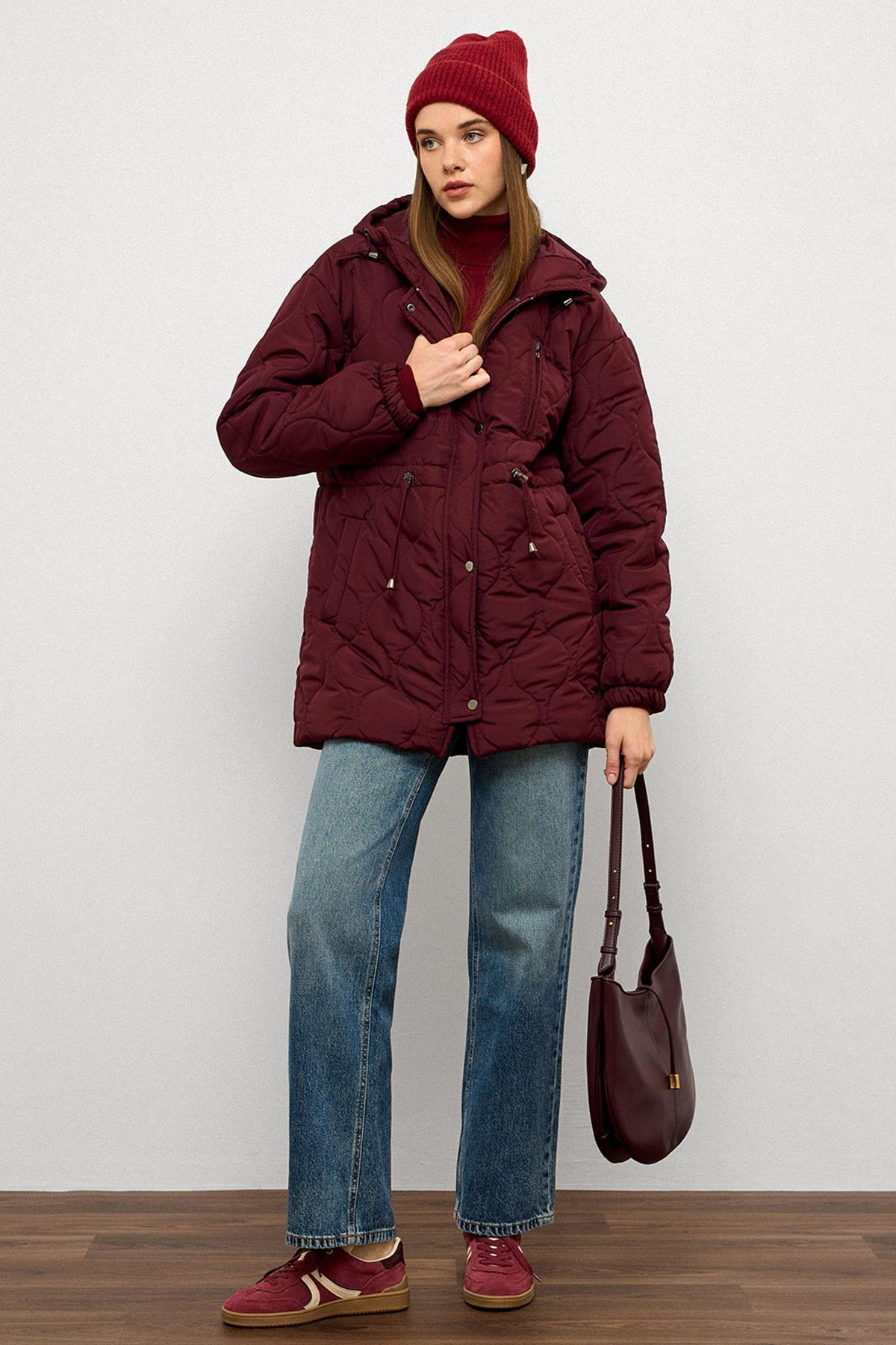 Hooded Tied Waist Short Quilted Coat CLARET RED 6777