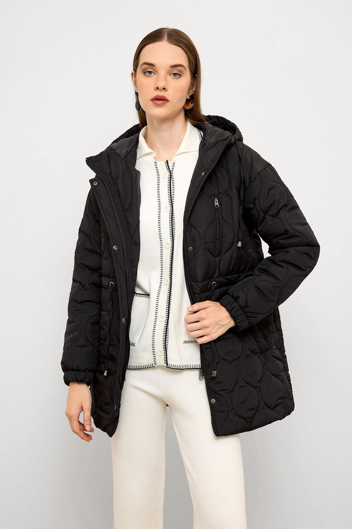 Hooded Tied Waist Short Quilted Coat BLACK 6777